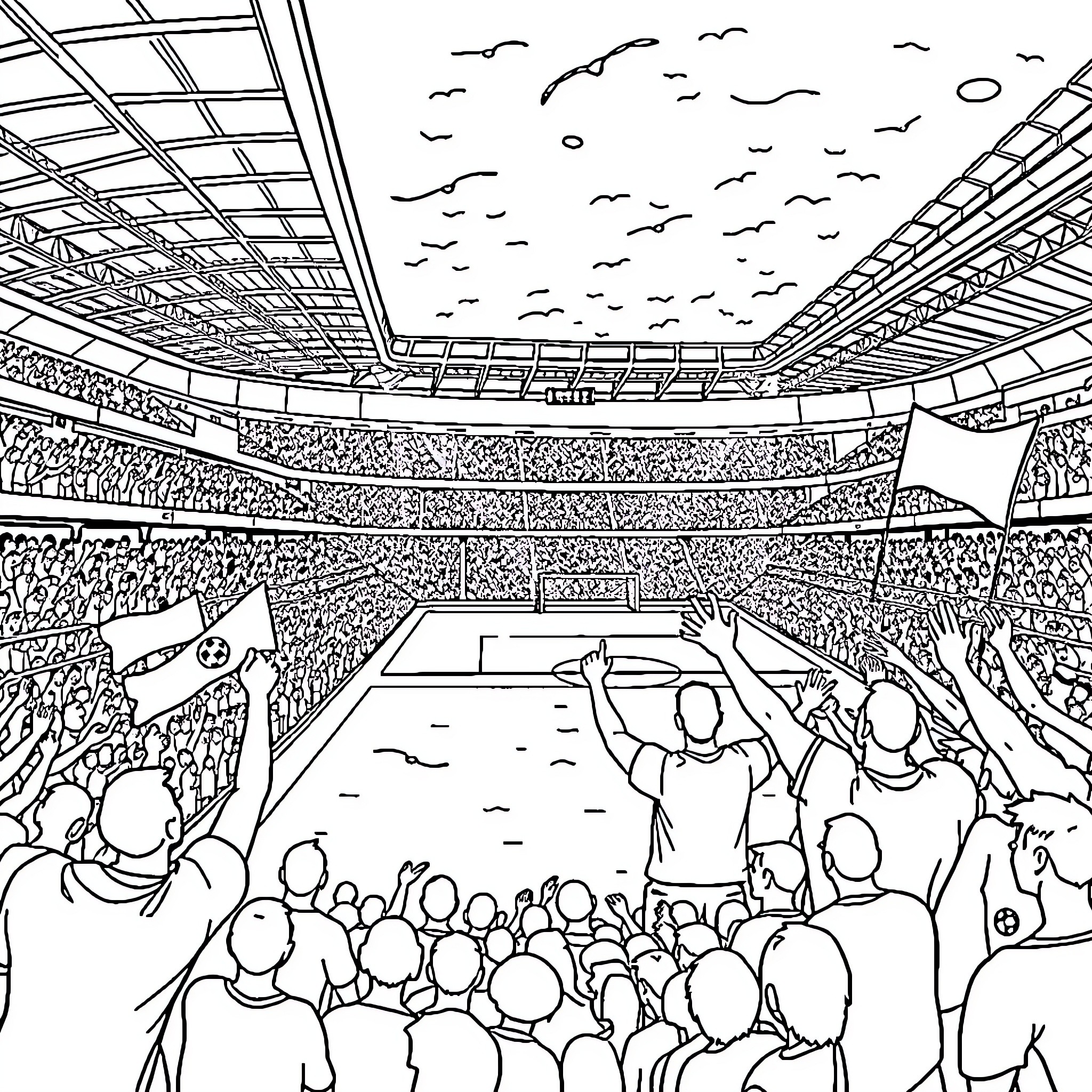 Soccer Fan Cheering Excitedly at the Stadium Coloring Page (free black-and-white line drawing printable PDF for all, from beginners to advanced learners, including children, teens, adults, and seniors)