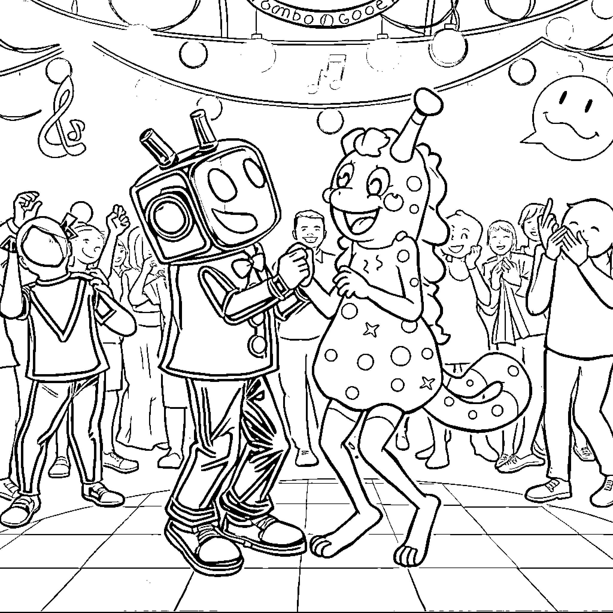 Domo characters celebrating a party together Coloring Page (free black-and-white line drawing printable PDF for all, from beginners to advanced learners, including children, teens, adults, and seniors)
