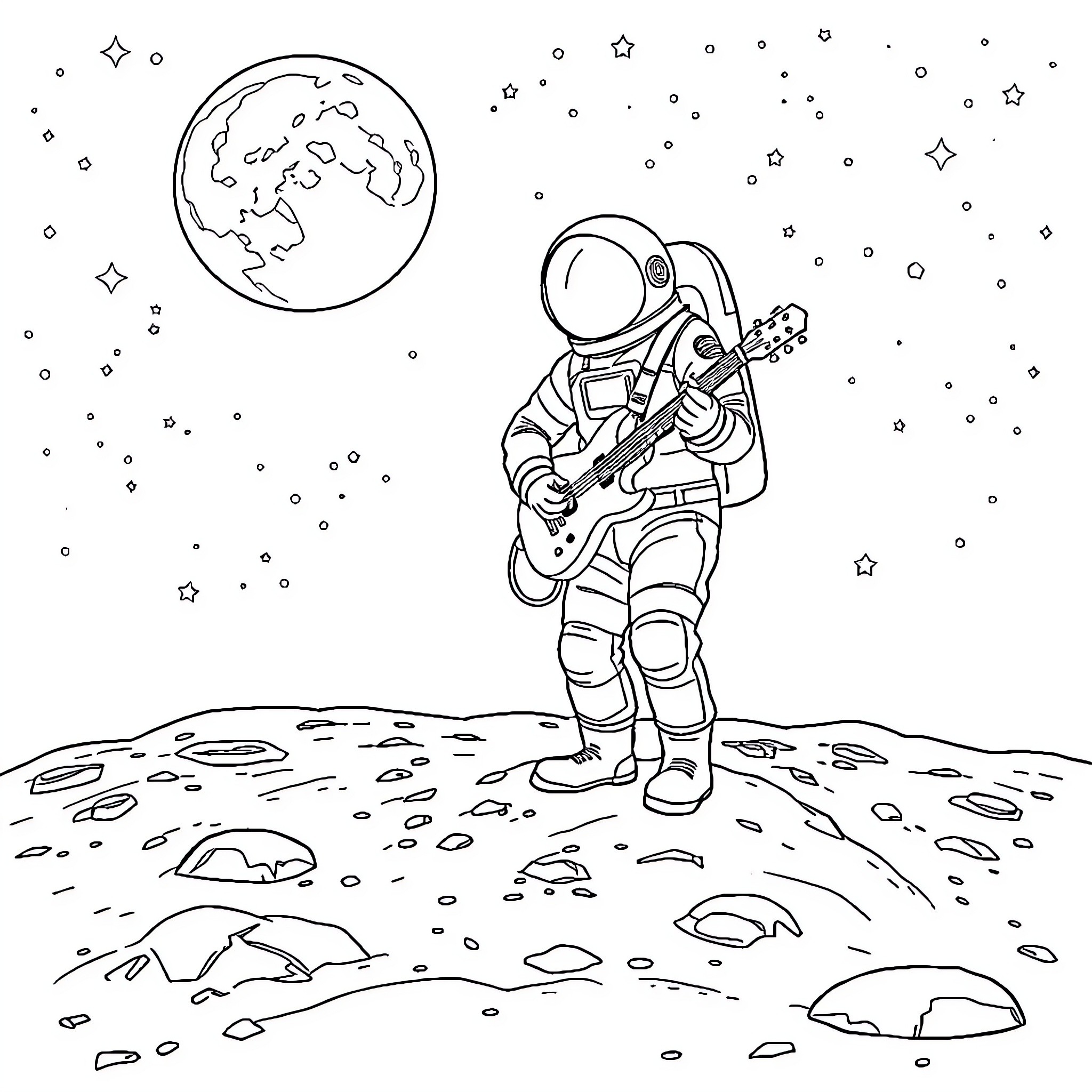 Astronaut playing guitar on the moon Coloring Page (free black-and-white line drawing printable PDF for all, from beginners to advanced learners, including children, teens, adults, and seniors)