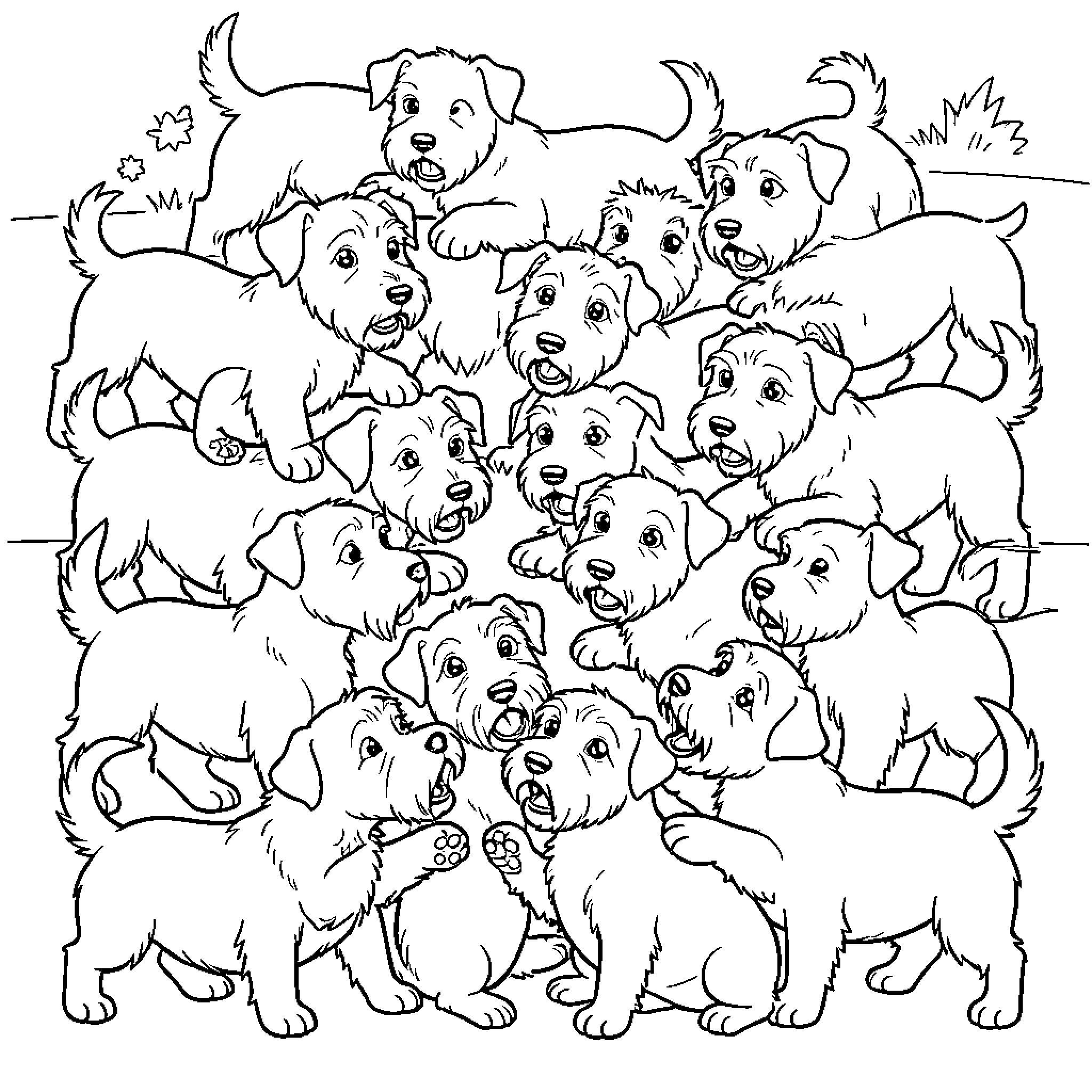 Dachshund puppies playing together happily Coloring Page (free black-and-white line drawing printable PDF for all, from beginners to advanced learners, including children, teens, adults, and seniors)