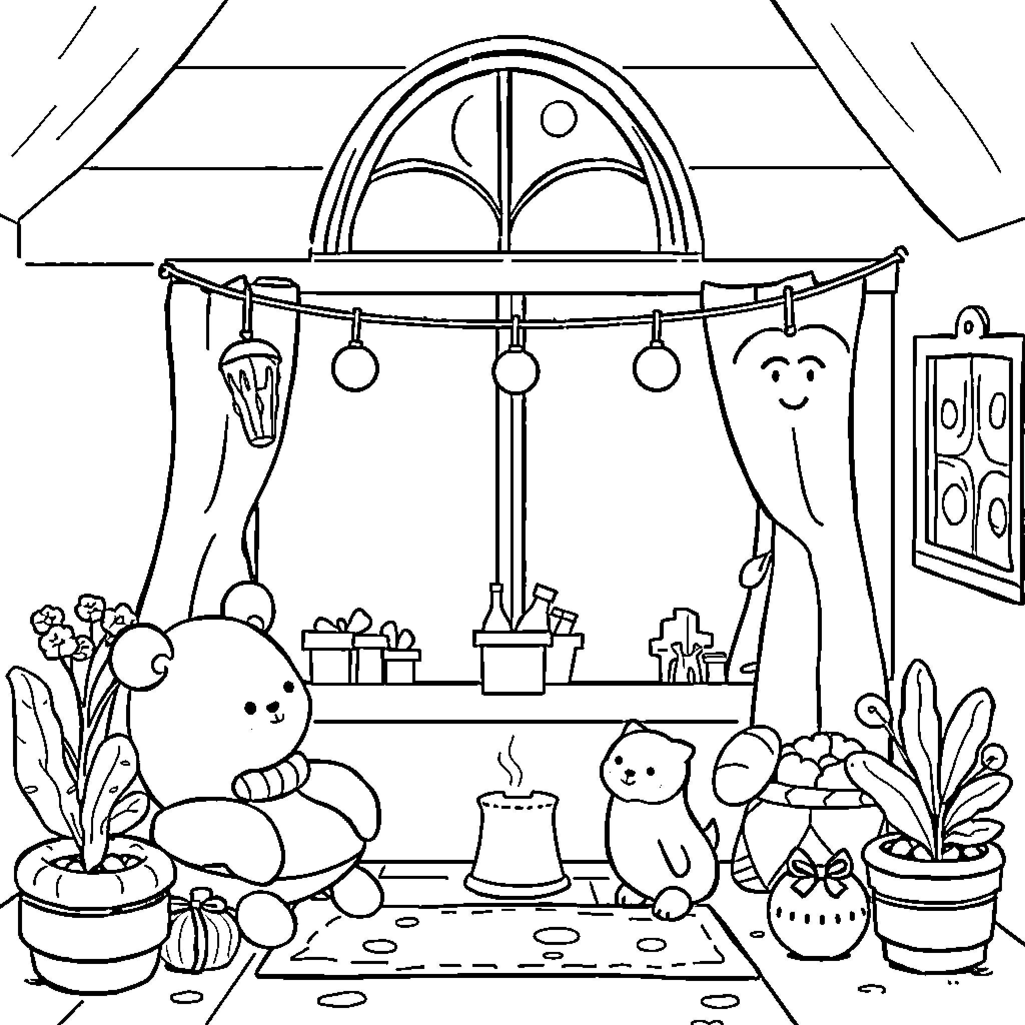 Illustration of Cozy Home Interior with Stuffed Animals Coloring Page (free black-and-white line drawing printable PDF for all, from beginners to advanced learners, including children, teens, adults, and seniors)