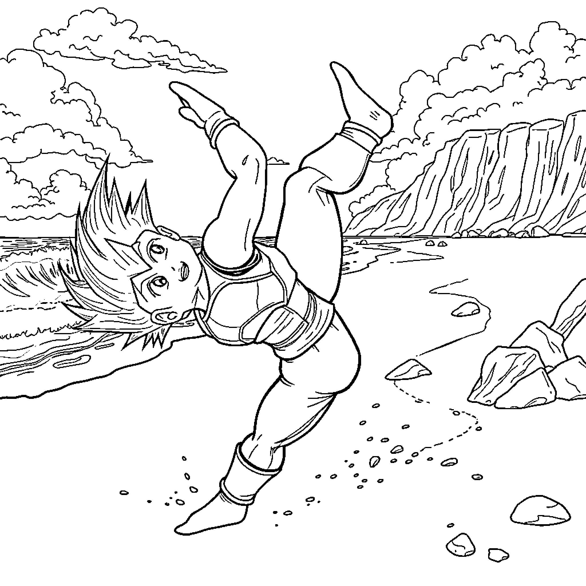 Vegeta performing heroic jump in rocky landscape Coloring Page (free black-and-white line drawing printable PDF for all, from beginners to advanced learners, including children, teens, adults, and seniors)