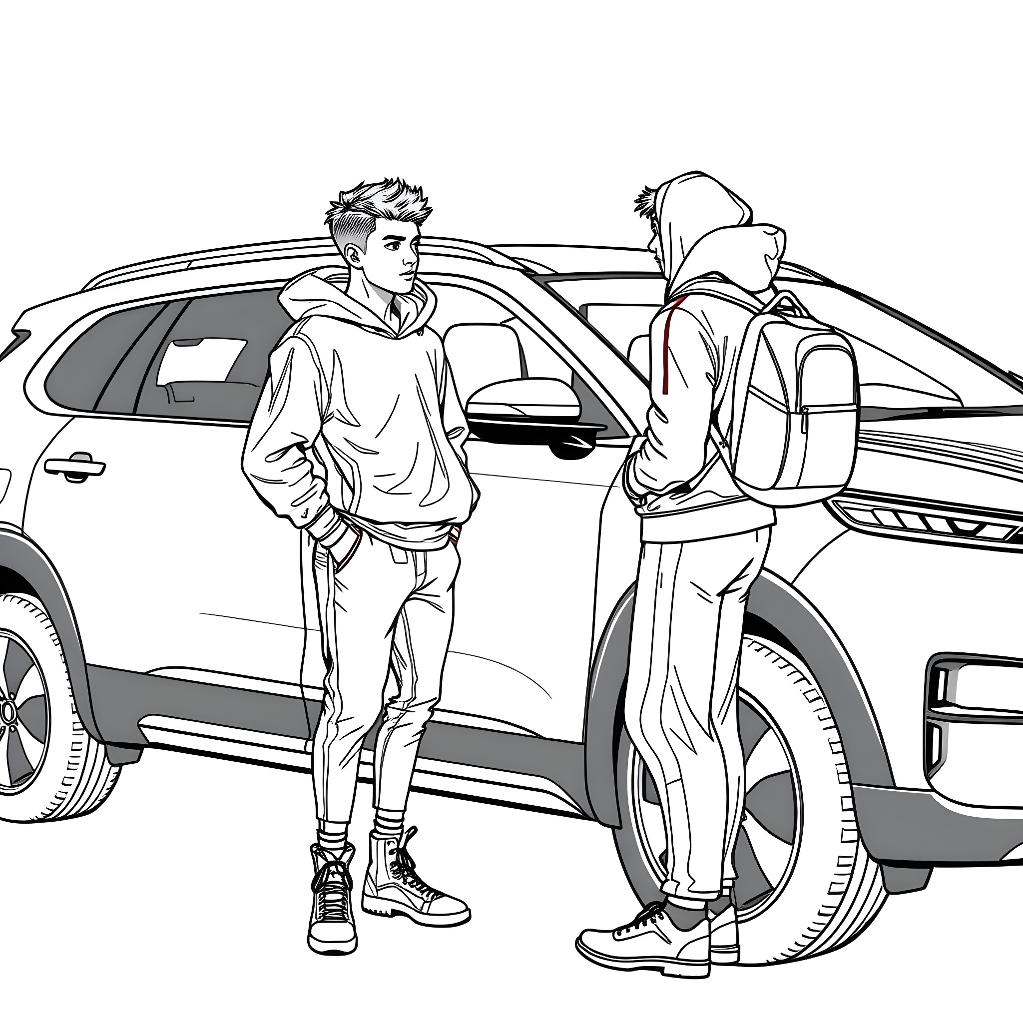 Teen Guy Discussing With Friend by Car Coloring Page (free black-and-white line drawing printable PDF for all, from beginners to advanced learners, including children, teens, adults, and seniors)