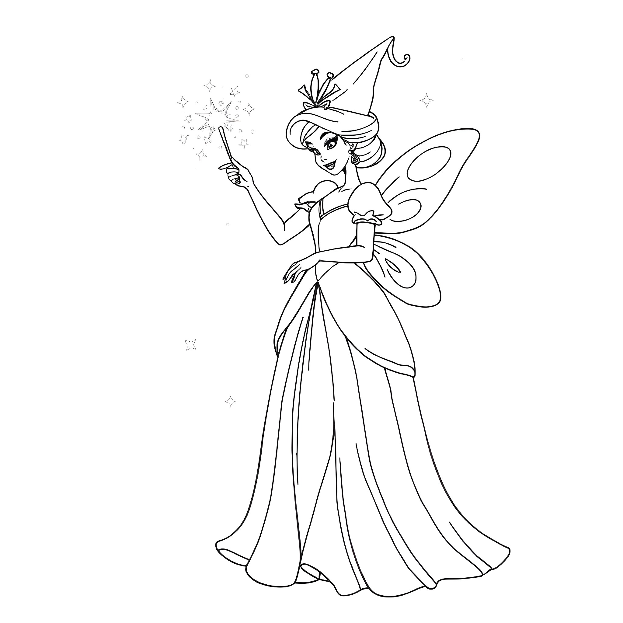 Fairy Godmother Waving Magical Wand in Elegant Gown Coloring Page (free black-and-white line drawing printable PDF for all, from beginners to advanced learners, including children, teens, adults, and seniors)