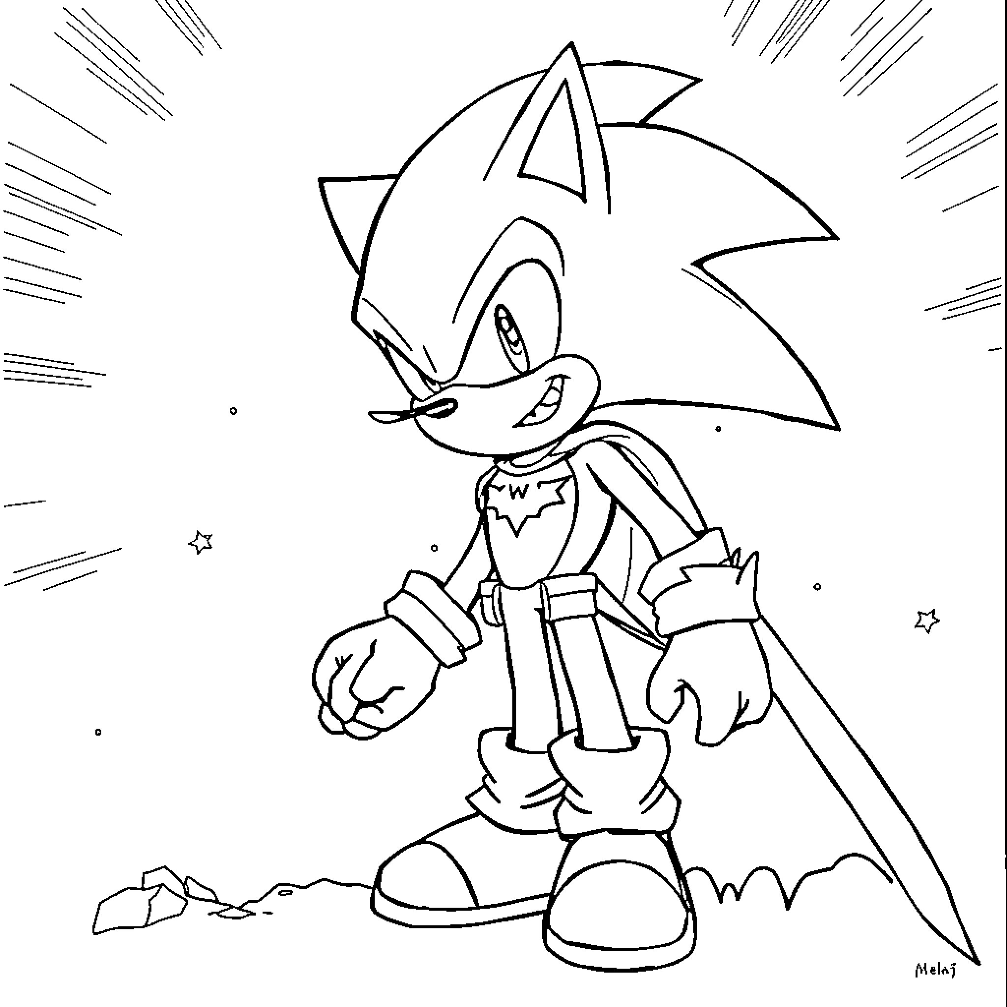 Sonic the Hedgehog's Confident Pose Coloring Page (free black-and-white line drawing printable PDF for all, from beginners to advanced learners, including children, teens, adults, and seniors)
