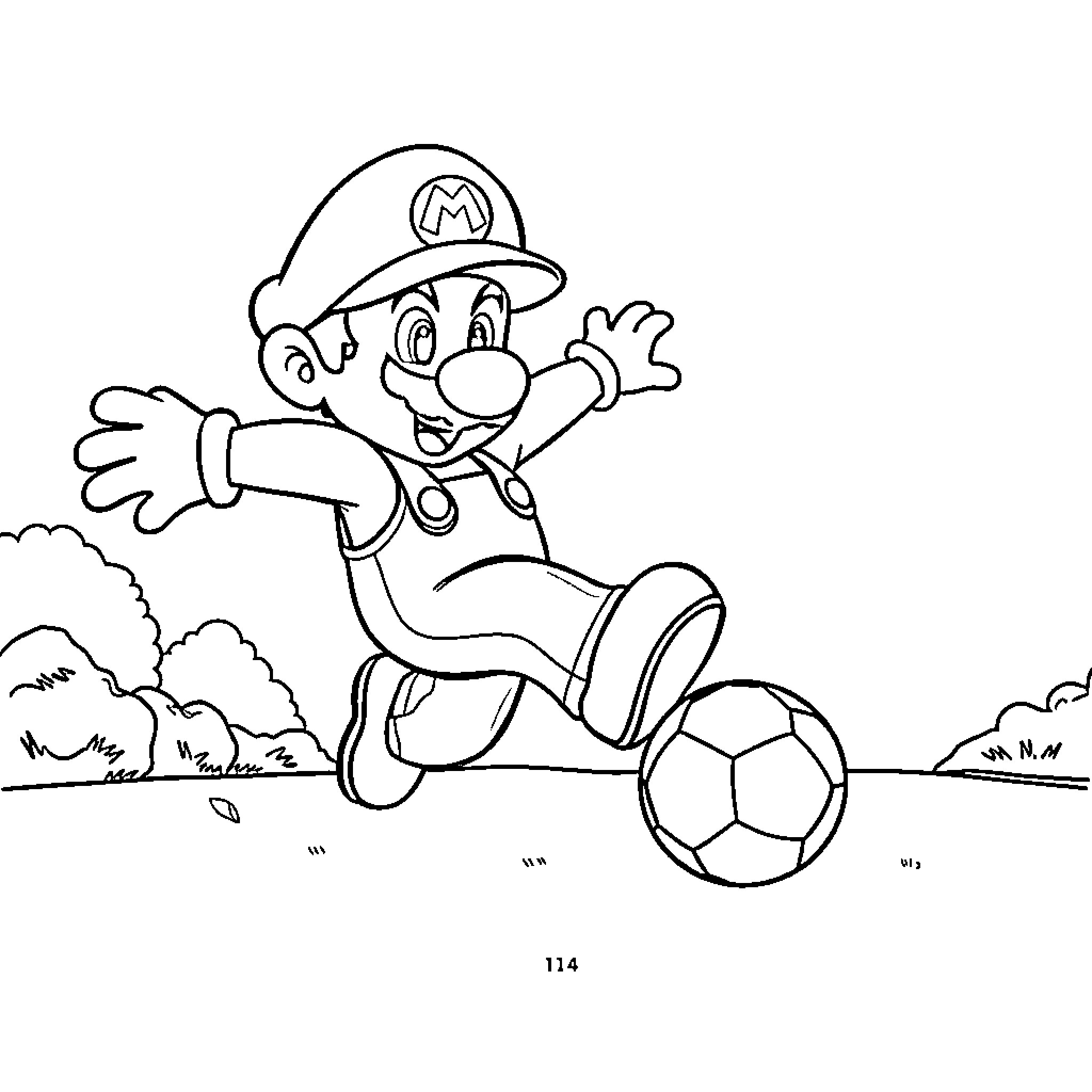 Mario playing with soccer ball in the outdoors Coloring Page (free black-and-white line drawing printable PDF for all, from beginners to advanced learners, including children, teens, adults, and seniors)