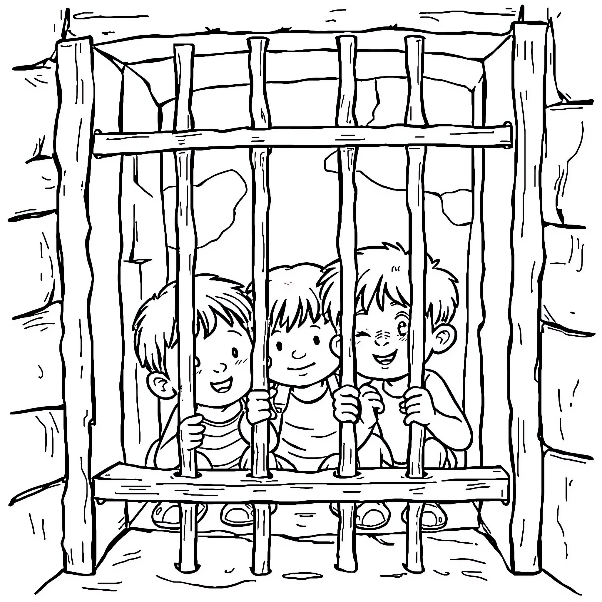 Kid trio jailed behind bars Coloring Page (free black-and-white line drawing printable PDF for all, from beginners to advanced learners, including children, teens, adults, and seniors)