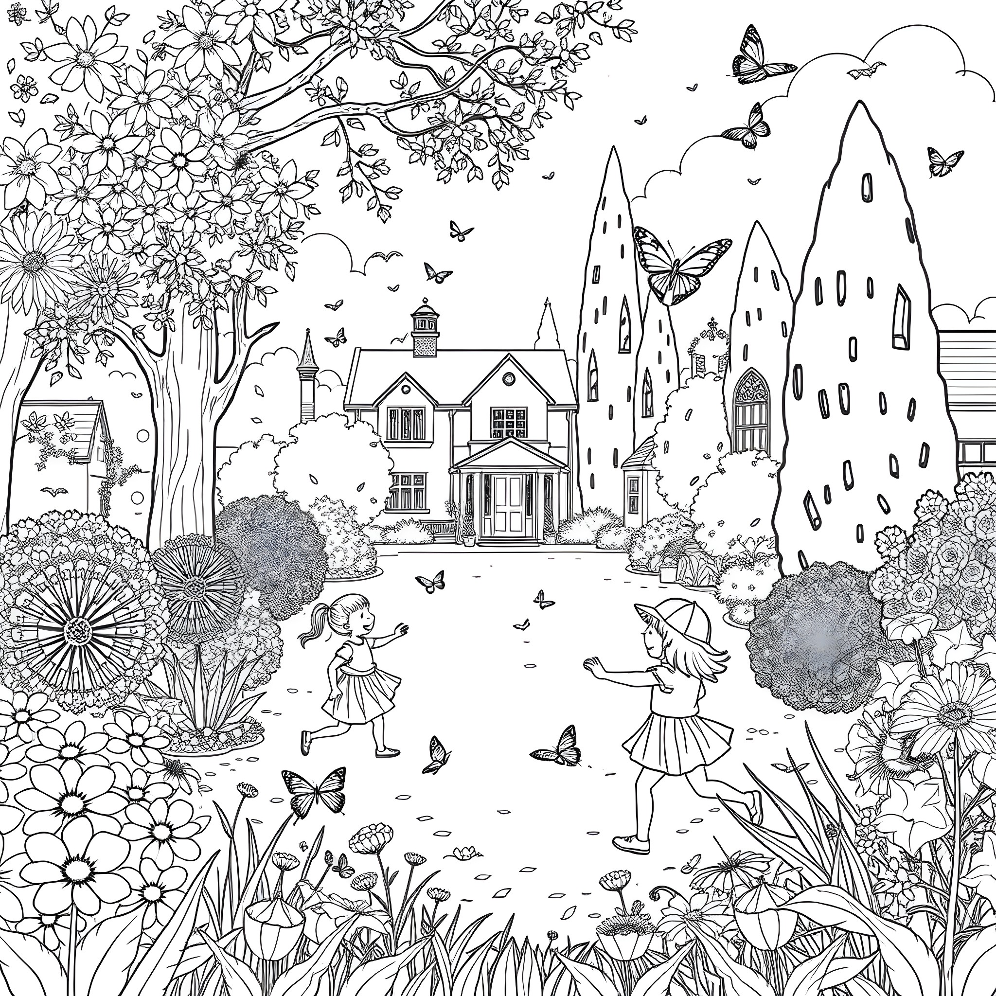 Kid playing joyfully in a magical garden Coloring Page (free black-and-white line drawing printable PDF for all, from beginners to advanced learners, including children, teens, adults, and seniors)