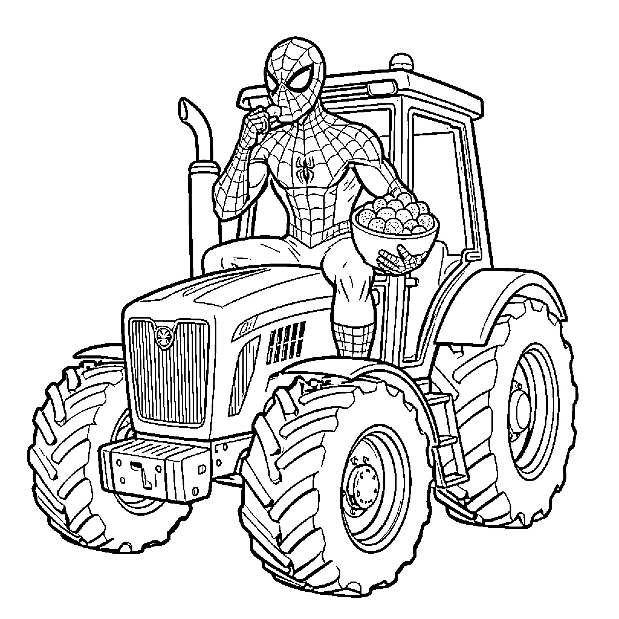 Spiderman operating a tractor with farm goods Coloring Page (free black-and-white line drawing printable PDF for all, from beginners to advanced learners, including children, teens, adults, and seniors)