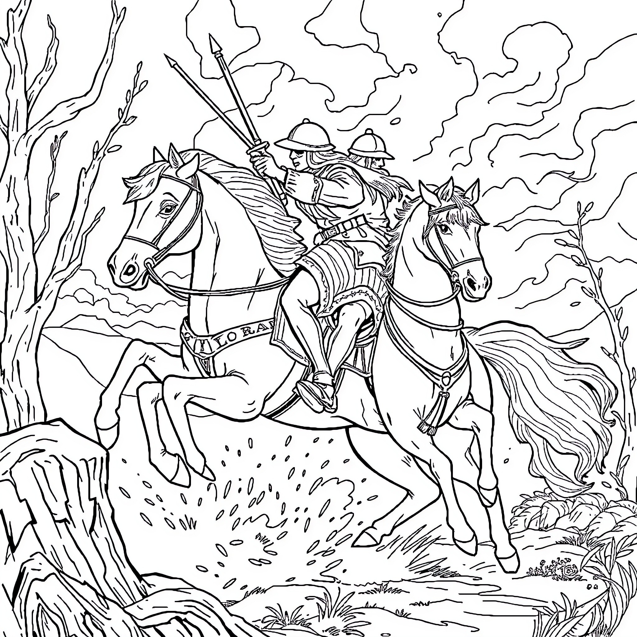 Cavalier knights on horseback in an epic adventure Coloring Page (free black-and-white line drawing printable PDF for all, from beginners to advanced learners, including children, teens, adults, and seniors)