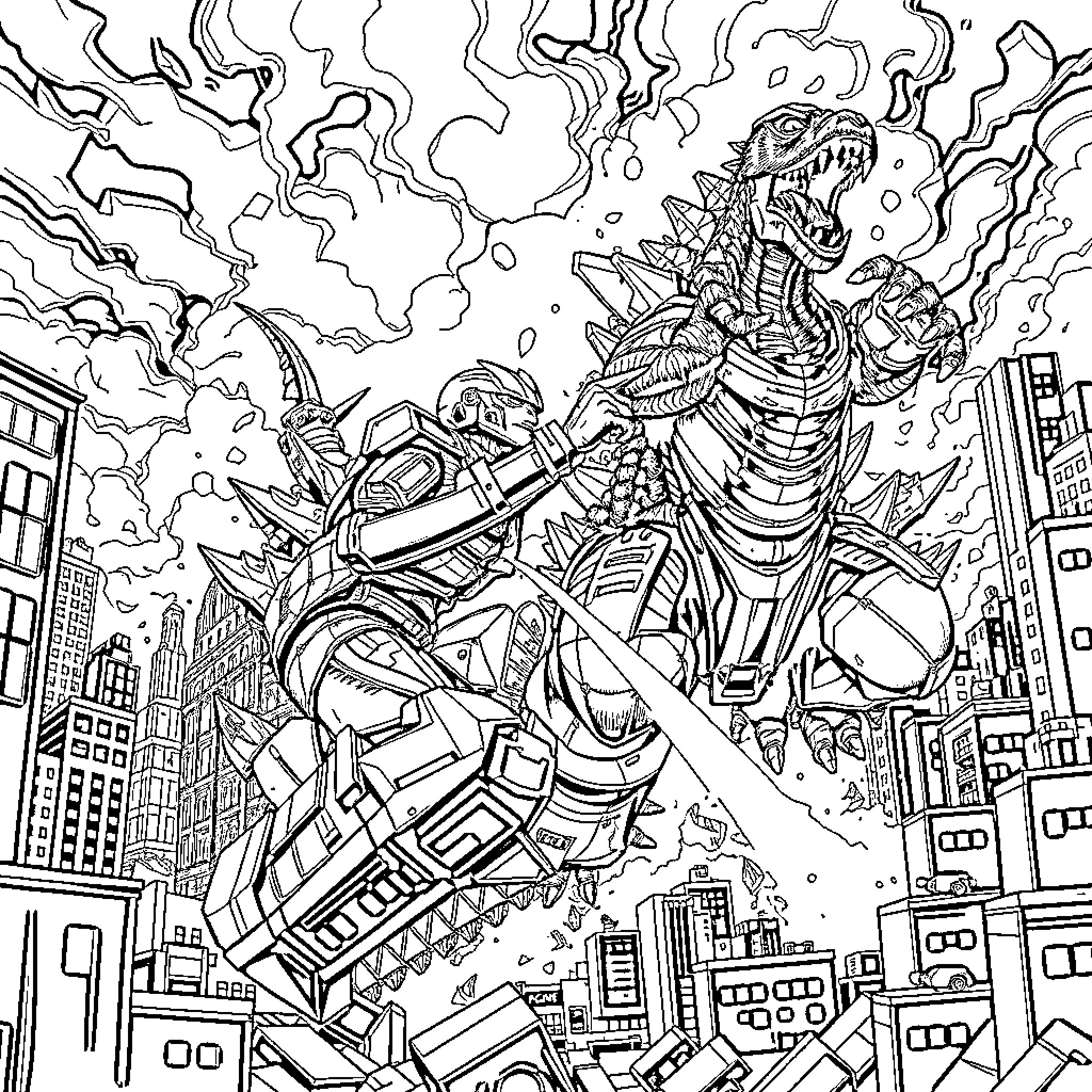 Gypsy Danger battles monstrous robot in city Coloring Page (free black-and-white line drawing printable PDF for all, from beginners to advanced learners, including children, teens, adults, and seniors)
