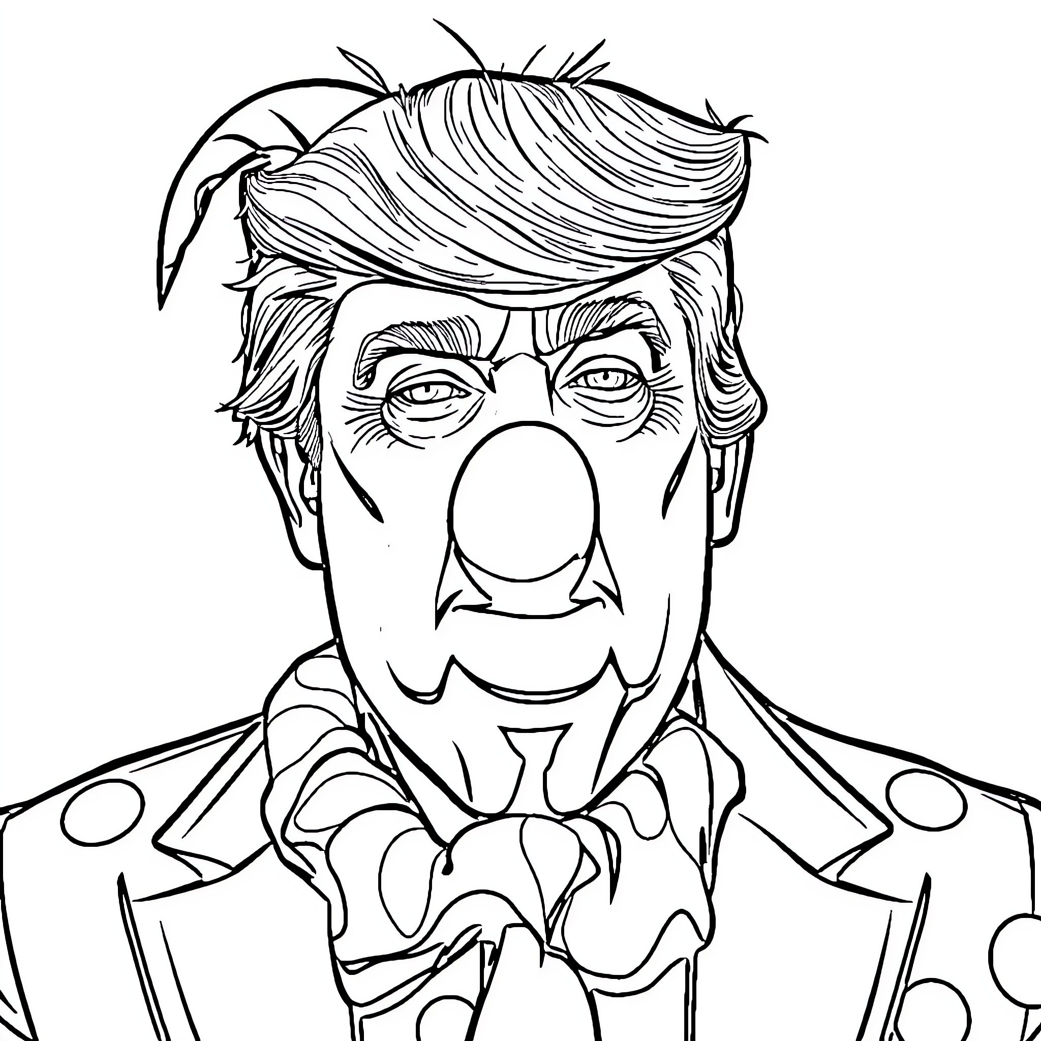 Trump in a comical outfit and expression Coloring Page (free black-and-white line drawing printable PDF for all, from beginners to advanced learners, including children, teens, adults, and seniors)