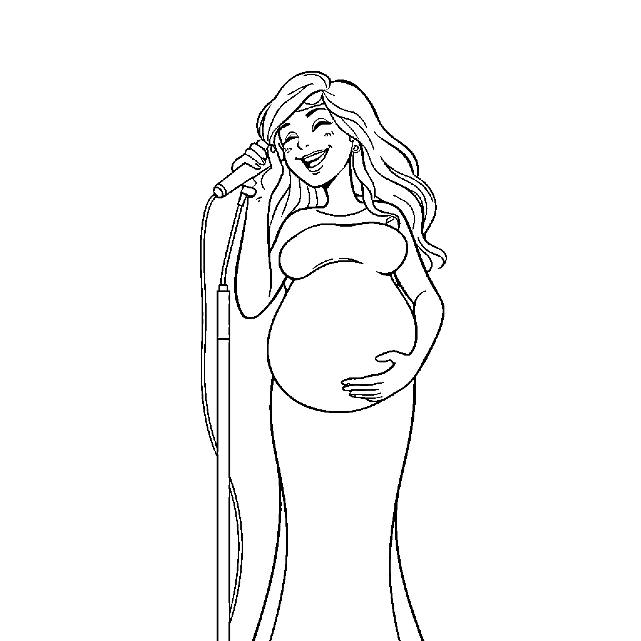 Singer performing while pregnant on stage Coloring Page (free black-and-white line drawing printable PDF for all, from beginners to advanced learners, including children, teens, adults, and seniors)