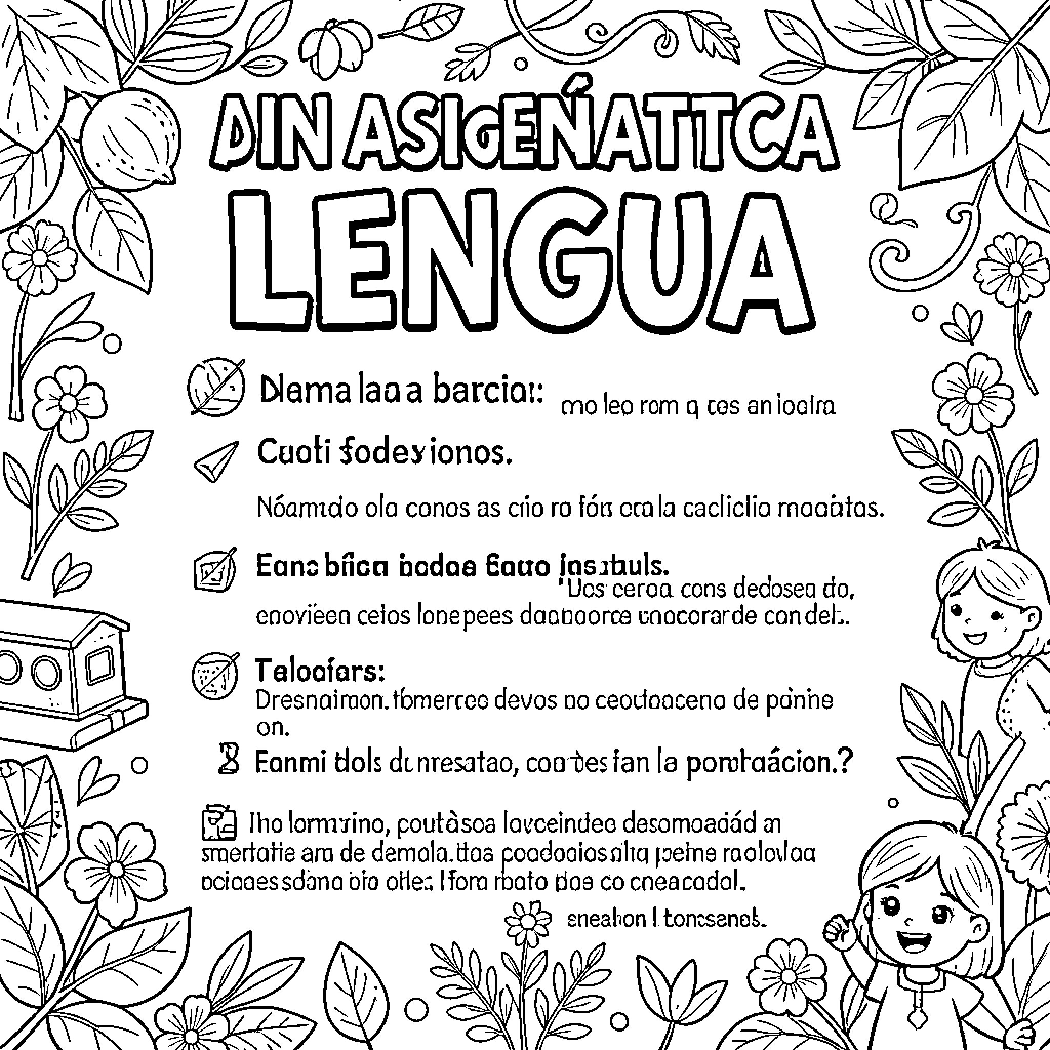 Language learning worksheet featuring decorative flowers and smiling children Coloring Page (free black-and-white line drawing printable PDF for all, from beginners to advanced learners, including children, teens, adults, and seniors)
