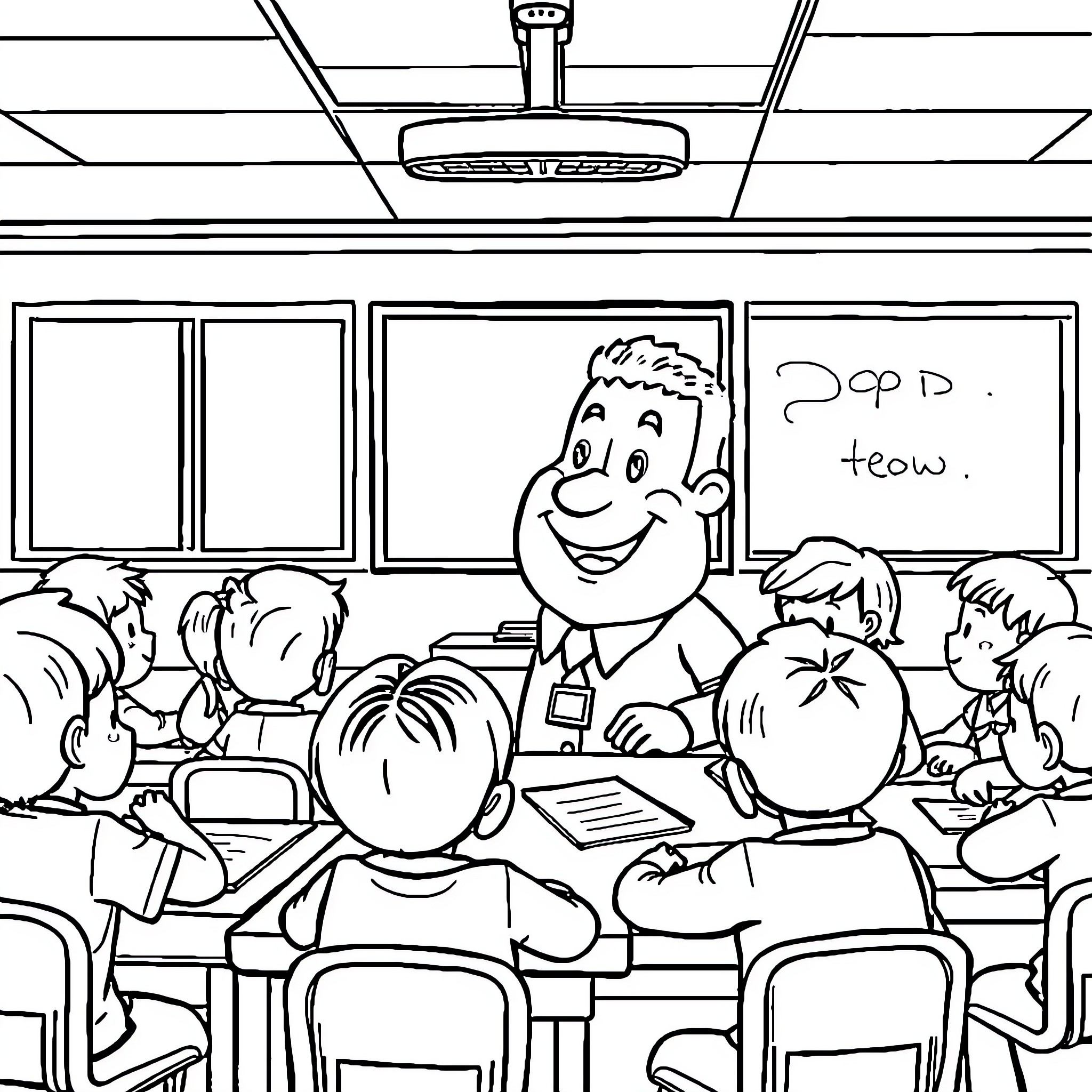 Mr. Wasabi Teaching Students in Classroom Coloring Page (free black-and-white line drawing printable PDF for all, from beginners to advanced learners, including children, teens, adults, and seniors)