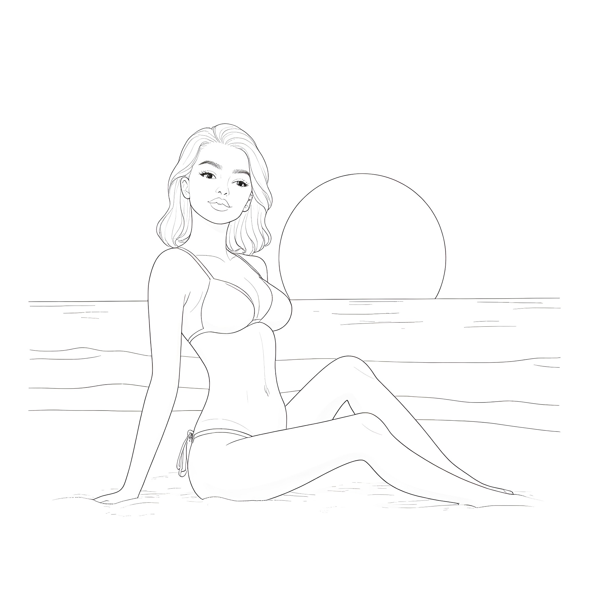 Woman relaxing on the beach during sunset Coloring Page (free black-and-white line drawing printable PDF for all, from beginners to advanced learners, including children, teens, adults, and seniors)