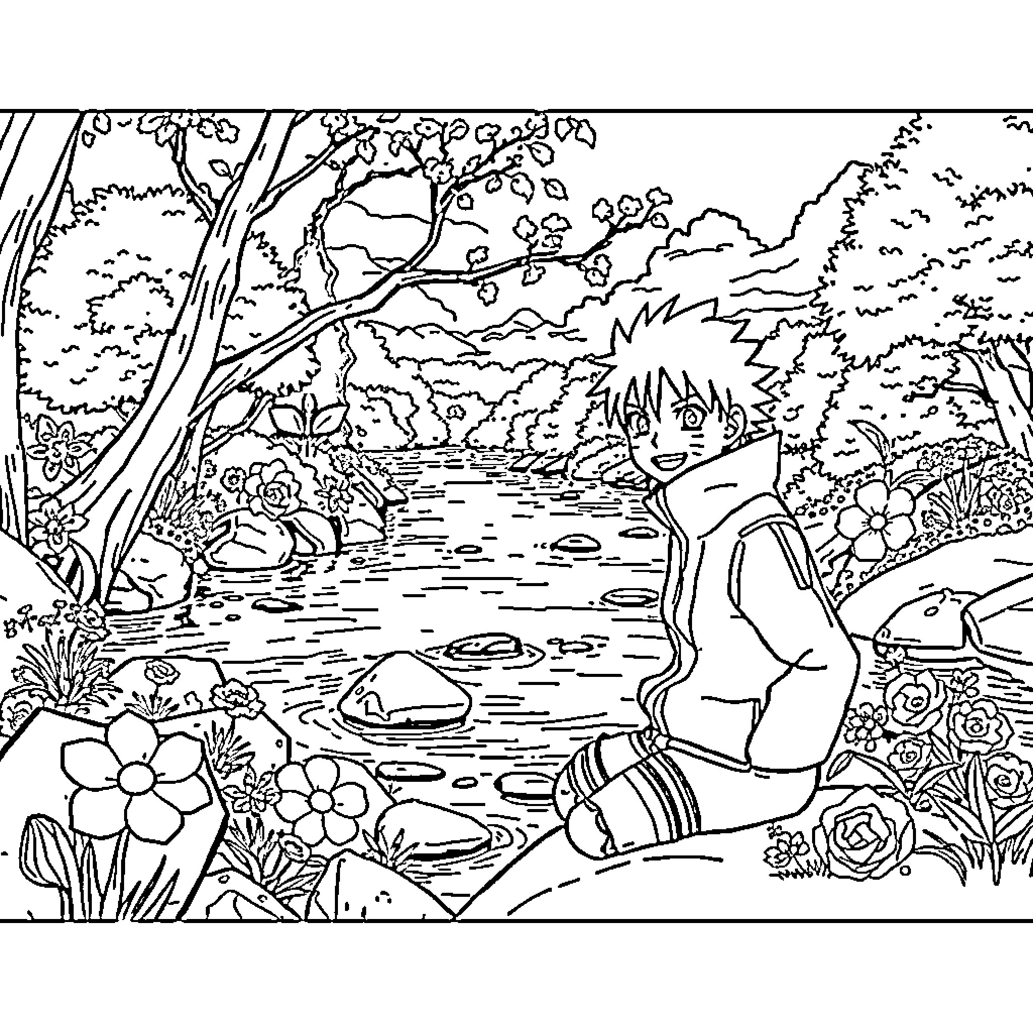 Naruto enjoying nature's beauty in the forest Coloring Page (free black-and-white line drawing printable PDF for all, from beginners to advanced learners, including children, teens, adults, and seniors)