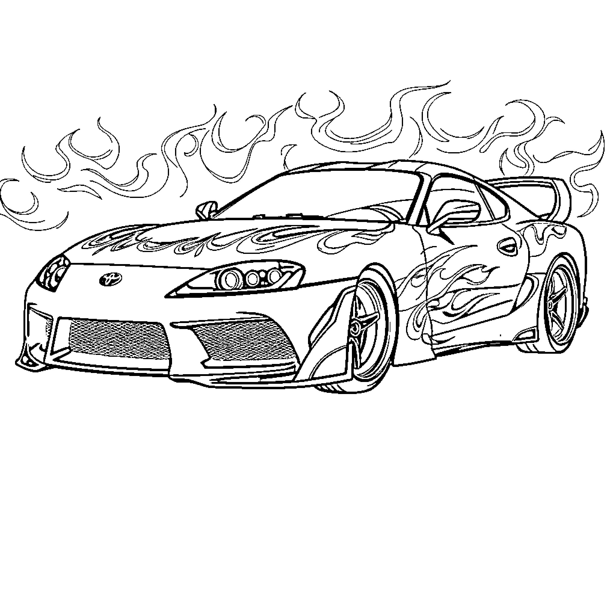Toyota Sports Car with Fiery Flames Coloring Page (free black-and-white line drawing printable PDF for all, from beginners to advanced learners, including children, teens, adults, and seniors)