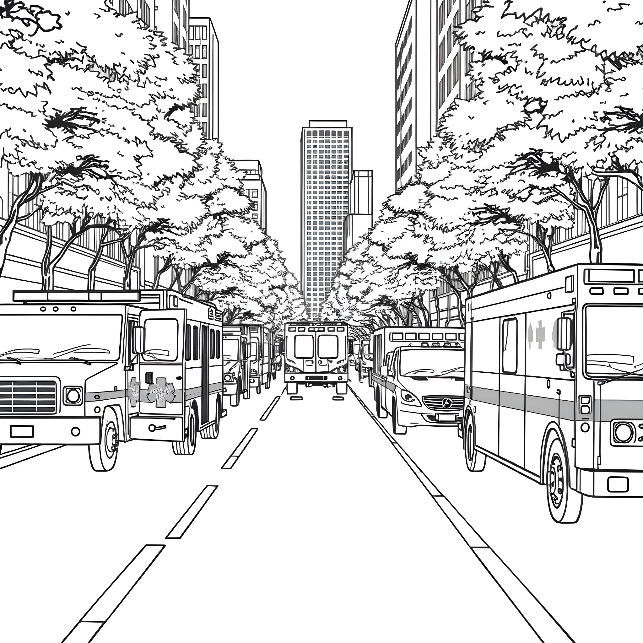 Emergency Car Response in the City Coloring Page (free black-and-white line drawing printable PDF for all, from beginners to advanced learners, including children, teens, adults, and seniors)