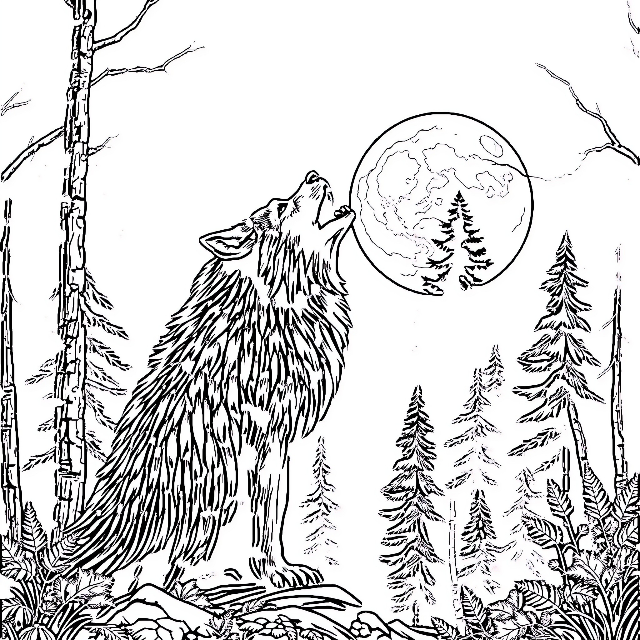 Werewolf howling at the full moon in the forest Coloring Page (free black-and-white line drawing printable PDF for all, from beginners to advanced learners, including children, teens, adults, and seniors)