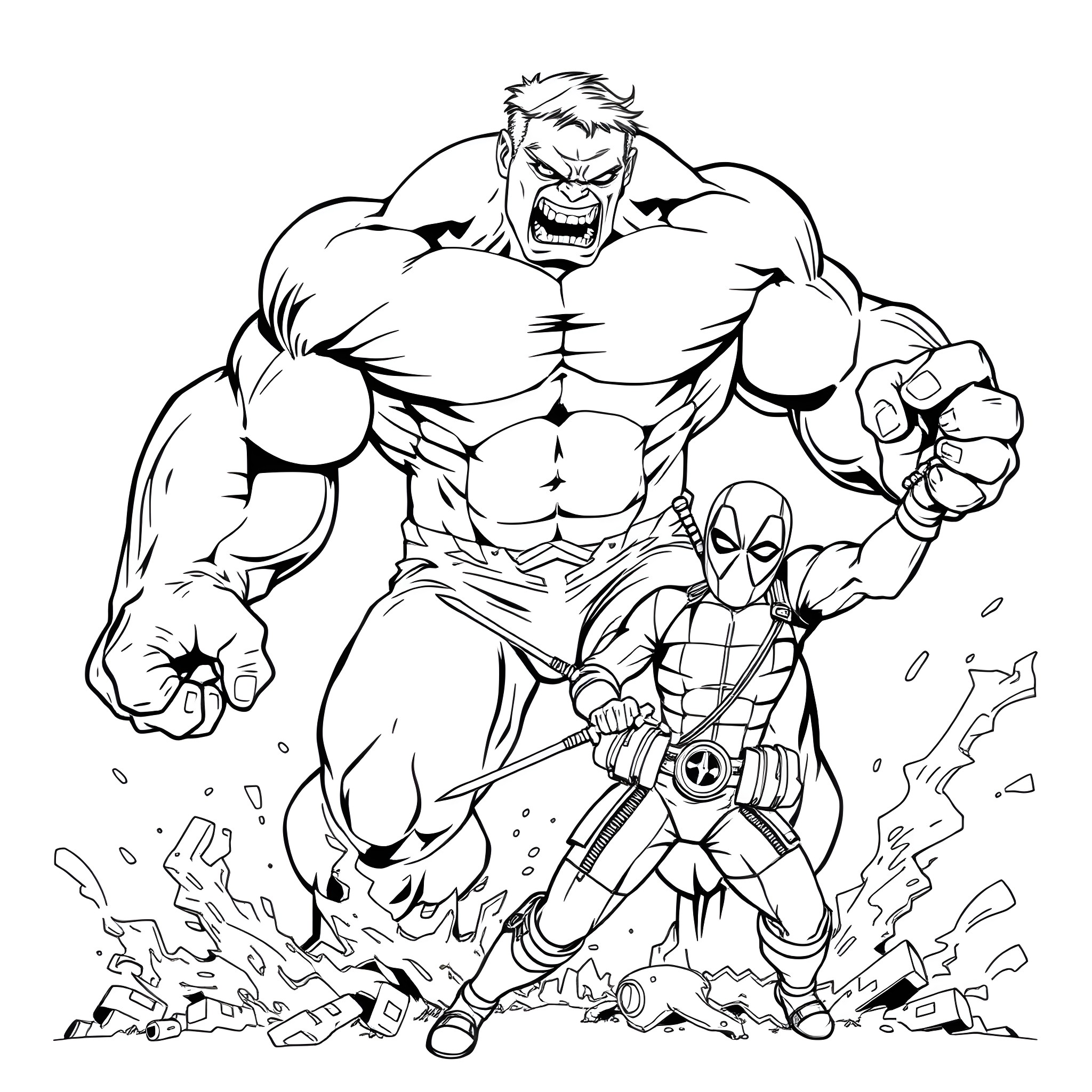 Hulk and Deadpool in an epic battle Coloring Page (free black-and-white line drawing printable PDF for all, from beginners to advanced learners, including children, teens, adults, and seniors)