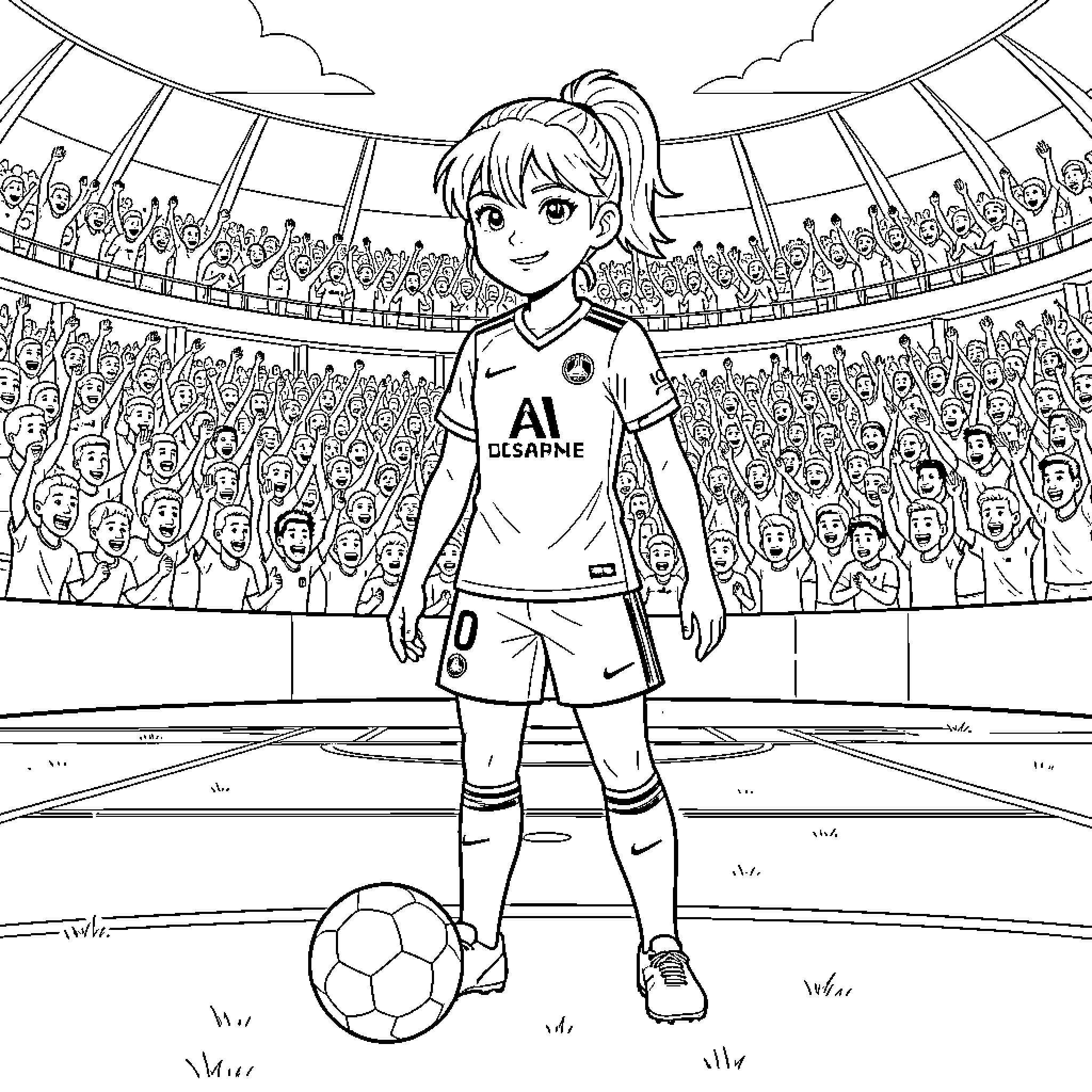 Footballeuse standing proudly on the field with fans Coloring Page (free black-and-white line drawing printable PDF for all, from beginners to advanced learners, including children, teens, adults, and seniors)