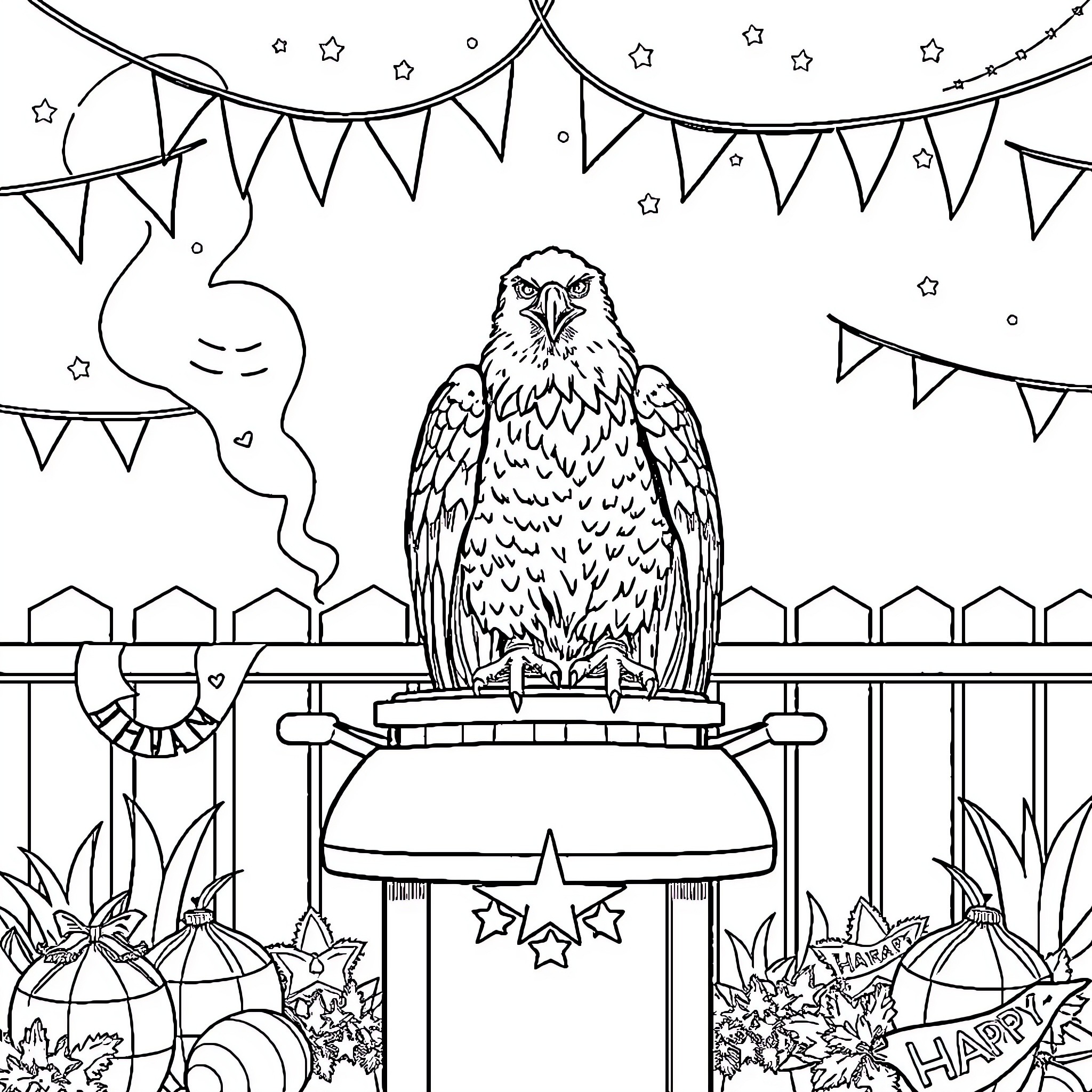 Eagle perched in festive celebration Coloring Page (free black-and-white line drawing printable PDF for all, from beginners to advanced learners, including children, teens, adults, and seniors)