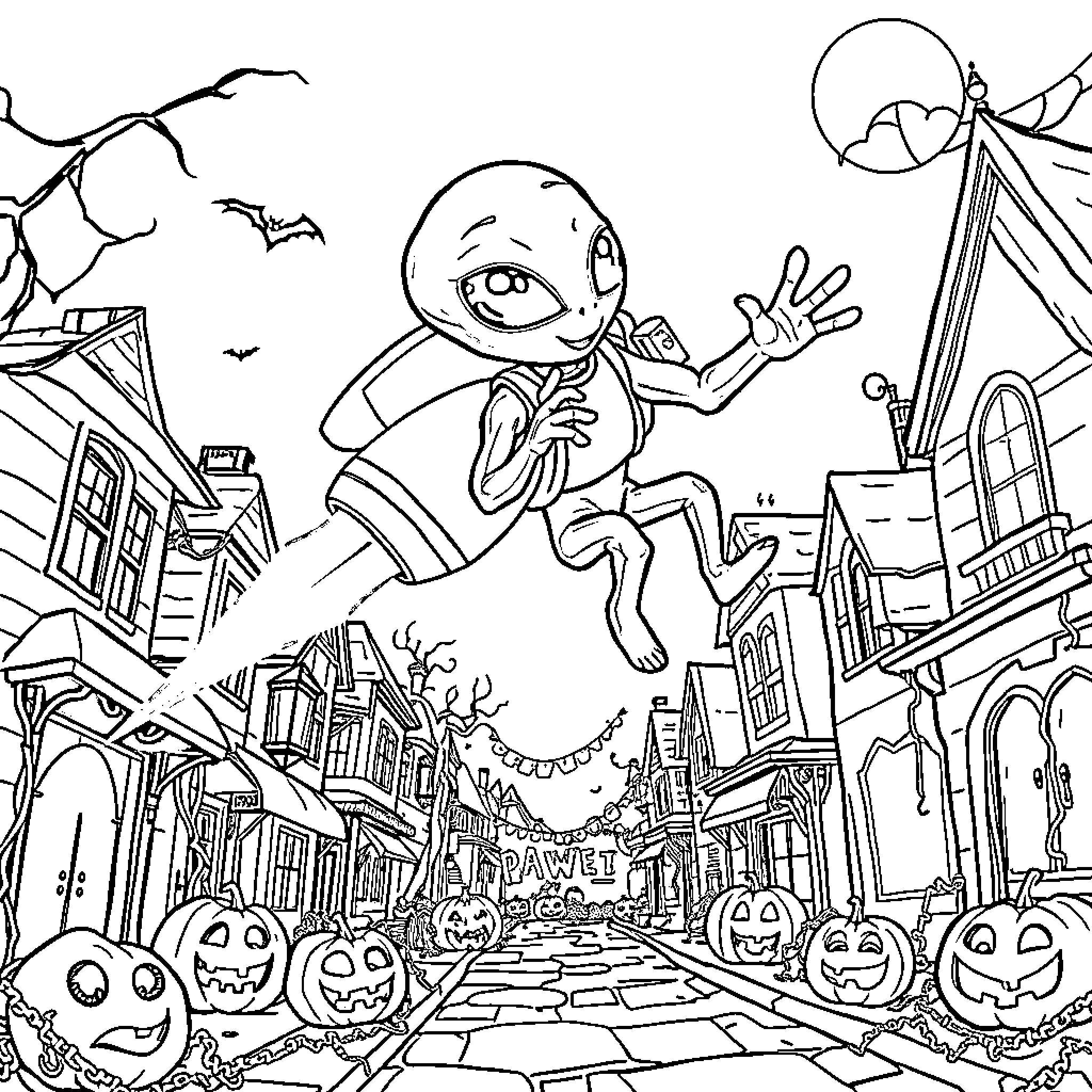 Alien visiting a spooky Halloween town Coloring Page (free black-and-white line drawing printable PDF for all, from beginners to advanced learners, including children, teens, adults, and seniors)
