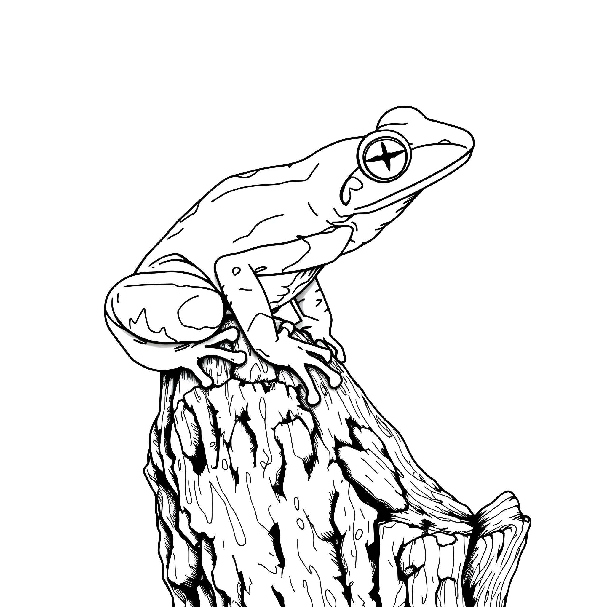 Frog perched on a mossy stump Coloring Page (free black-and-white line drawing printable PDF for all, from beginners to advanced learners, including children, teens, adults, and seniors)