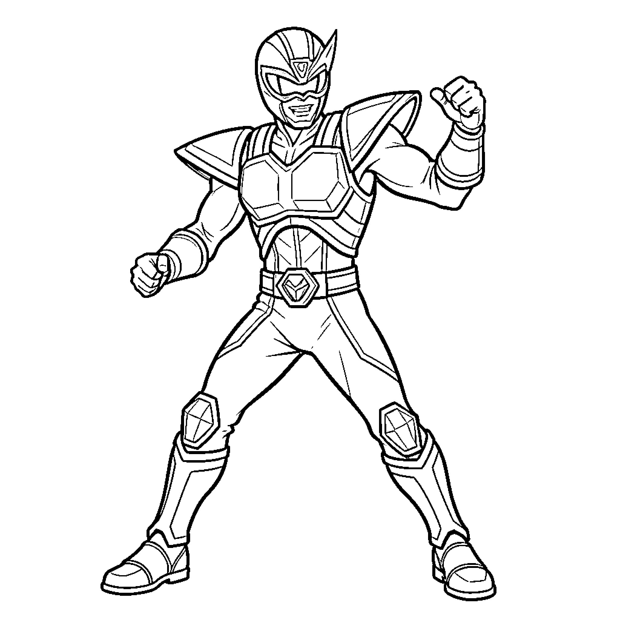 Power Ranger Posing Heroically in Combat Stance Coloring Page (free black-and-white line drawing printable PDF for all, from beginners to advanced learners, including children, teens, adults, and seniors)
