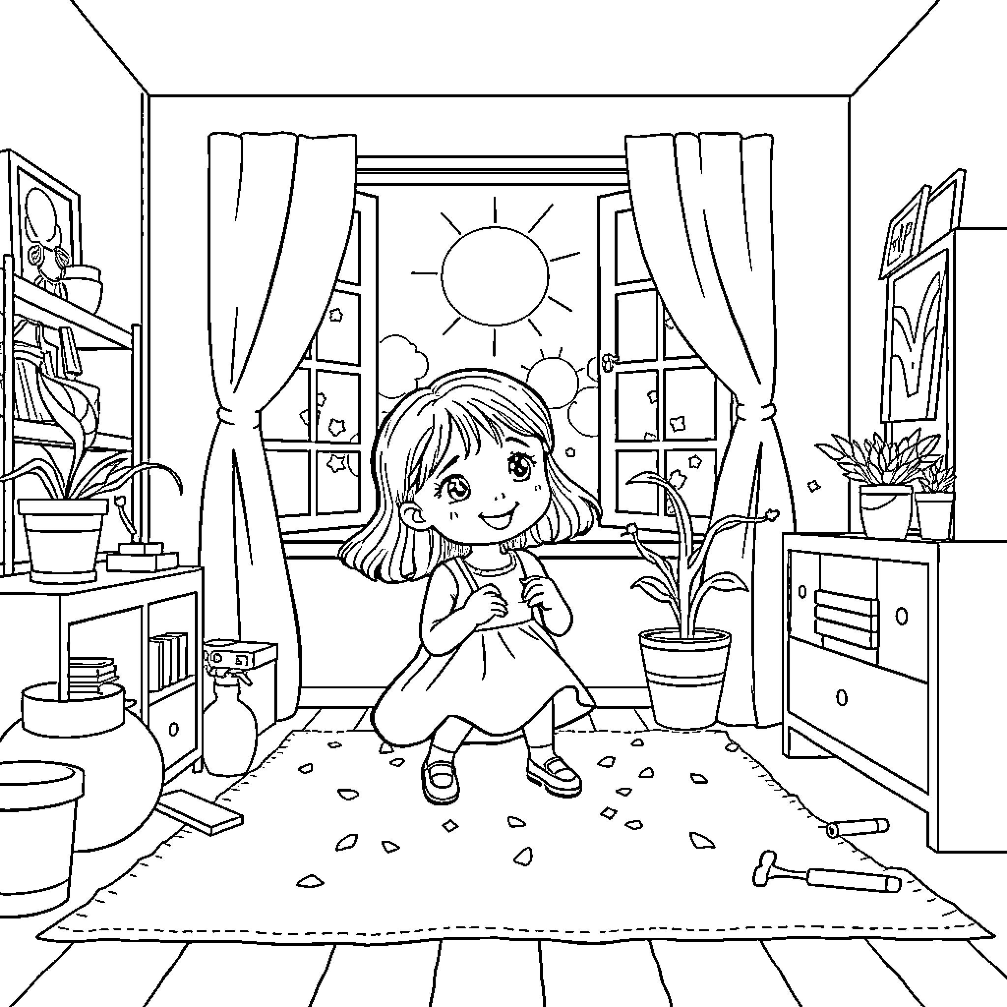 Girl playing joyfully in her room Coloring Page (free black-and-white line drawing printable PDF for all, from beginners to advanced learners, including children, teens, adults, and seniors)