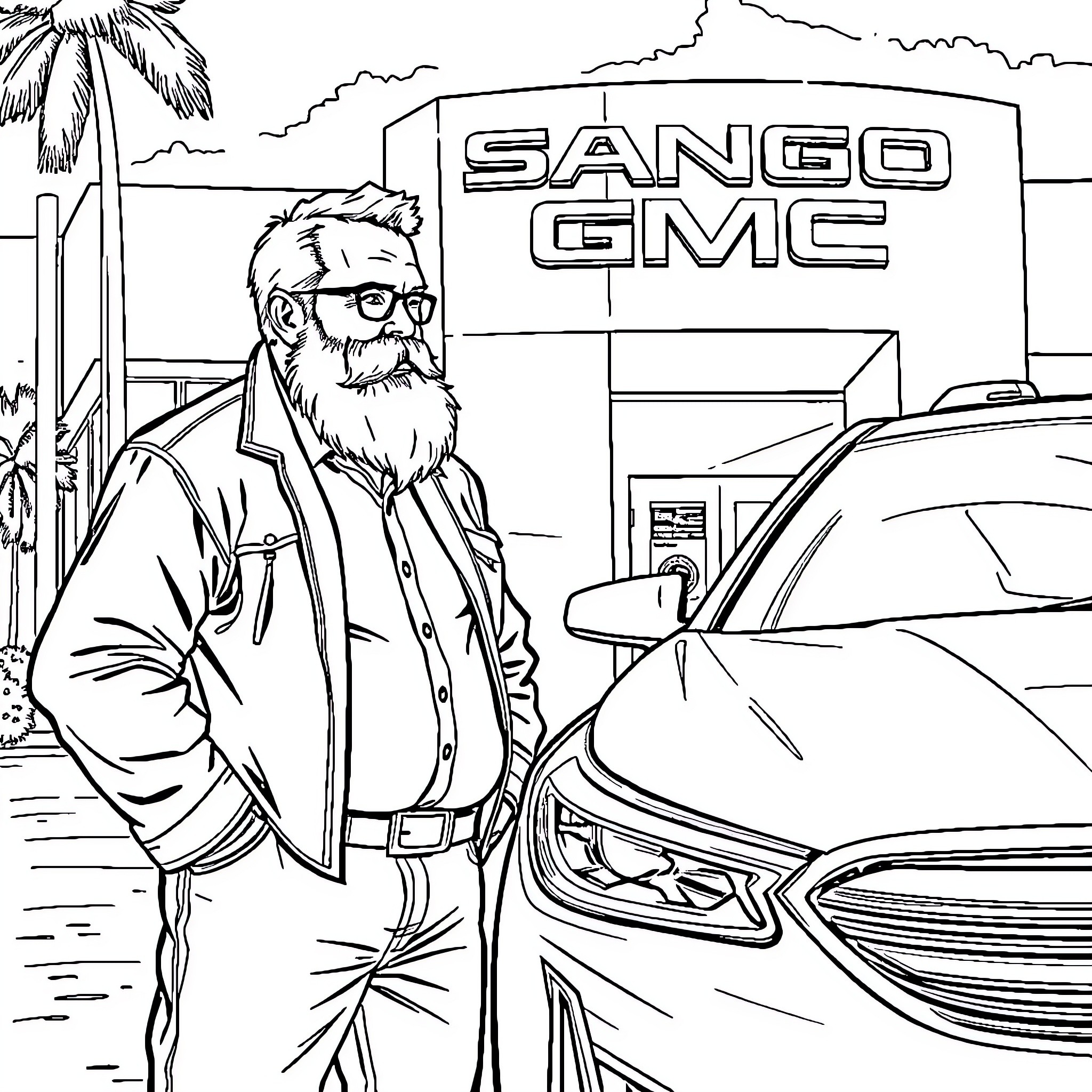 Ron BeQuette at the Sango GMC dealership Coloring Page (free black-and-white line drawing printable PDF for all, from beginners to advanced learners, including children, teens, adults, and seniors)