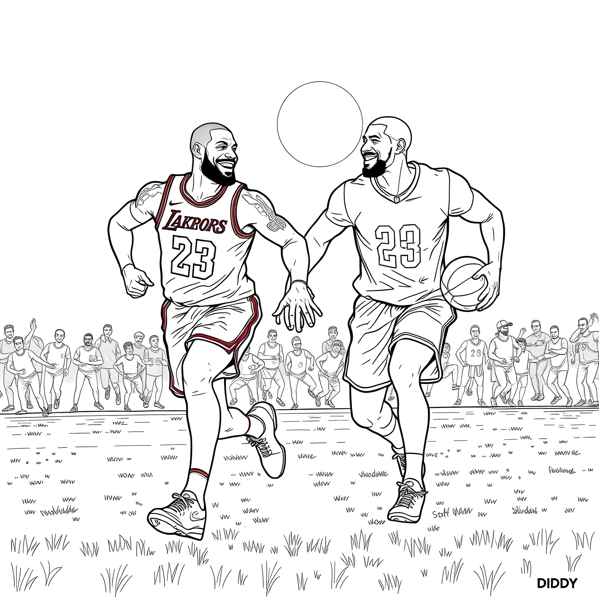 LeBron and friends playing basketball on court Coloring Page (free black-and-white line drawing printable PDF for all, from beginners to advanced learners, including children, teens, adults, and seniors)