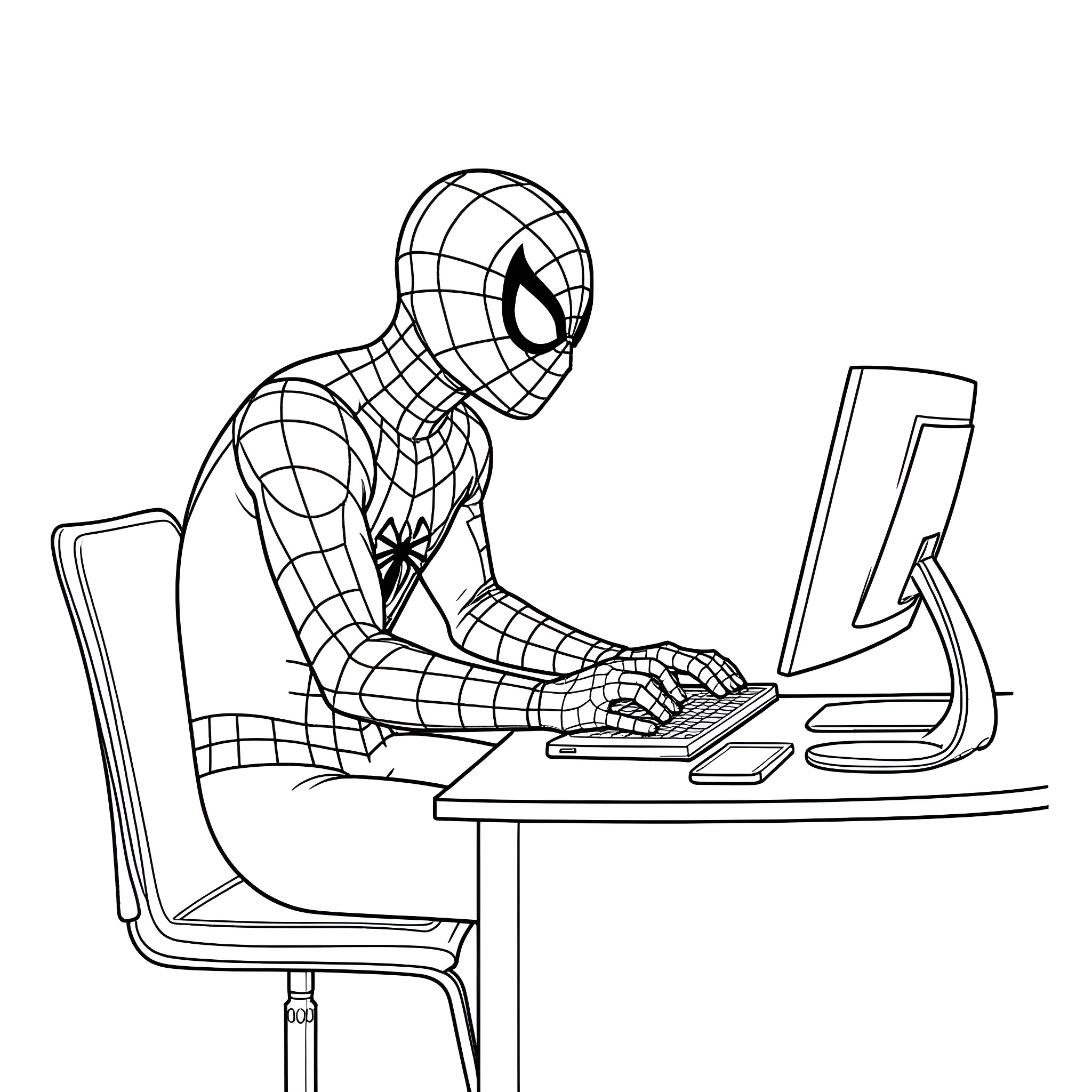 Spiderman using a computer at his desk Coloring Page (free black-and-white line drawing printable PDF for all, from beginners to advanced learners, including children, teens, adults, and seniors)