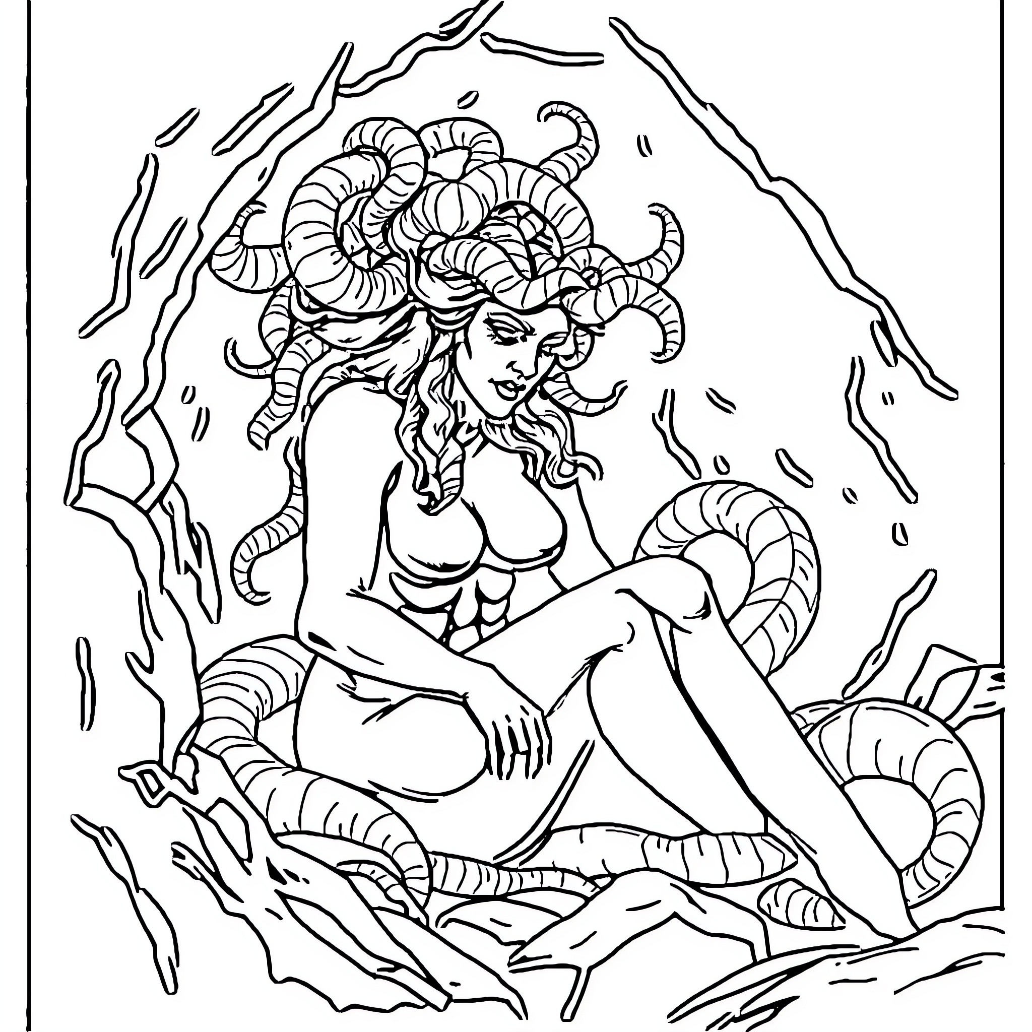 Medusa's Tranquil Repose in the Undergrowth Coloring Page (free black-and-white line drawing printable PDF for all, from beginners to advanced learners, including children, teens, adults, and seniors)