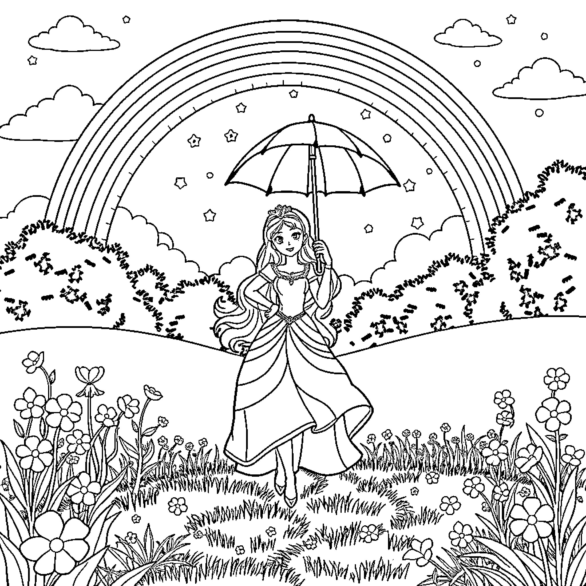 Princess Walking Under Rainbow with Umbrella Coloring Page (free black-and-white line drawing printable PDF for all, from beginners to advanced learners, including children, teens, adults, and seniors)