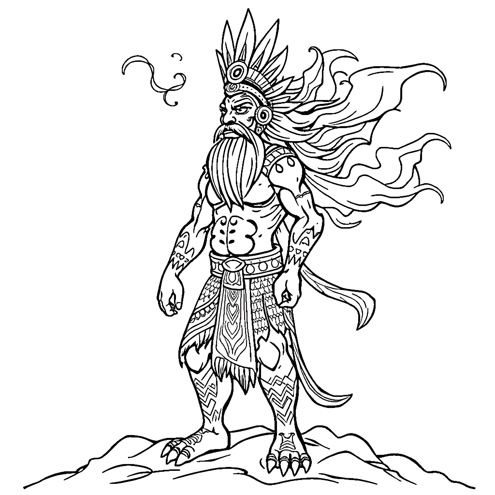 Maori God in Ornate Attire with Flowing Feathers Coloring Page (free black-and-white line drawing printable PDF for all, from beginners to advanced learners, including children, teens, adults, and seniors)