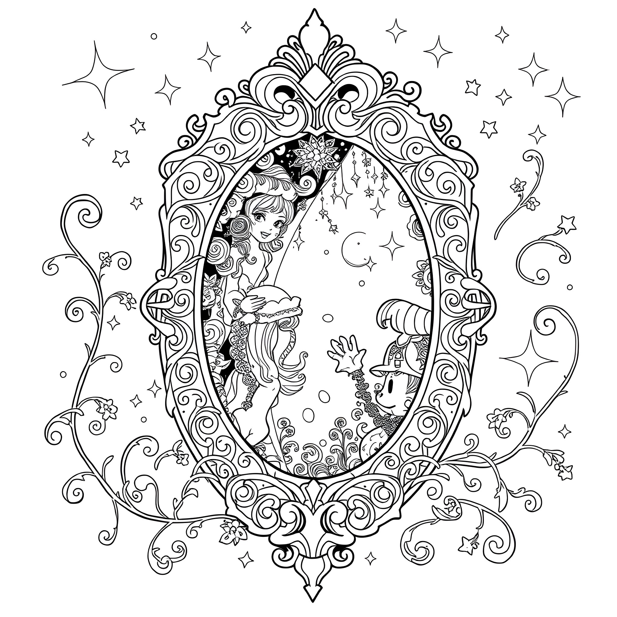 Magic Mirror with Fantastical Underwater Scene Coloring Page (free black-and-white line drawing printable PDF for all, from beginners to advanced learners, including children, teens, adults, and seniors)