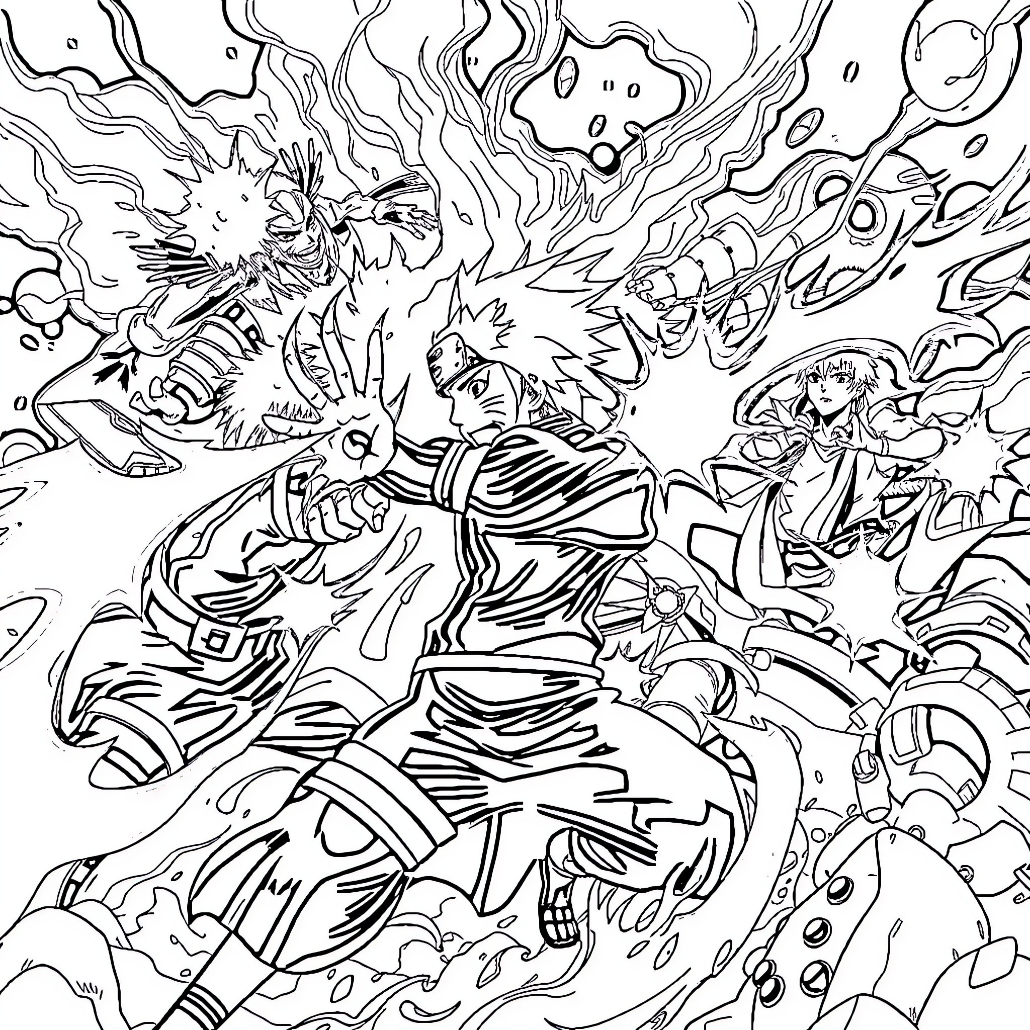 Naruto characters in an intense battle scene Coloring Page (free black-and-white line drawing printable PDF for all, from beginners to advanced learners, including children, teens, adults, and seniors)