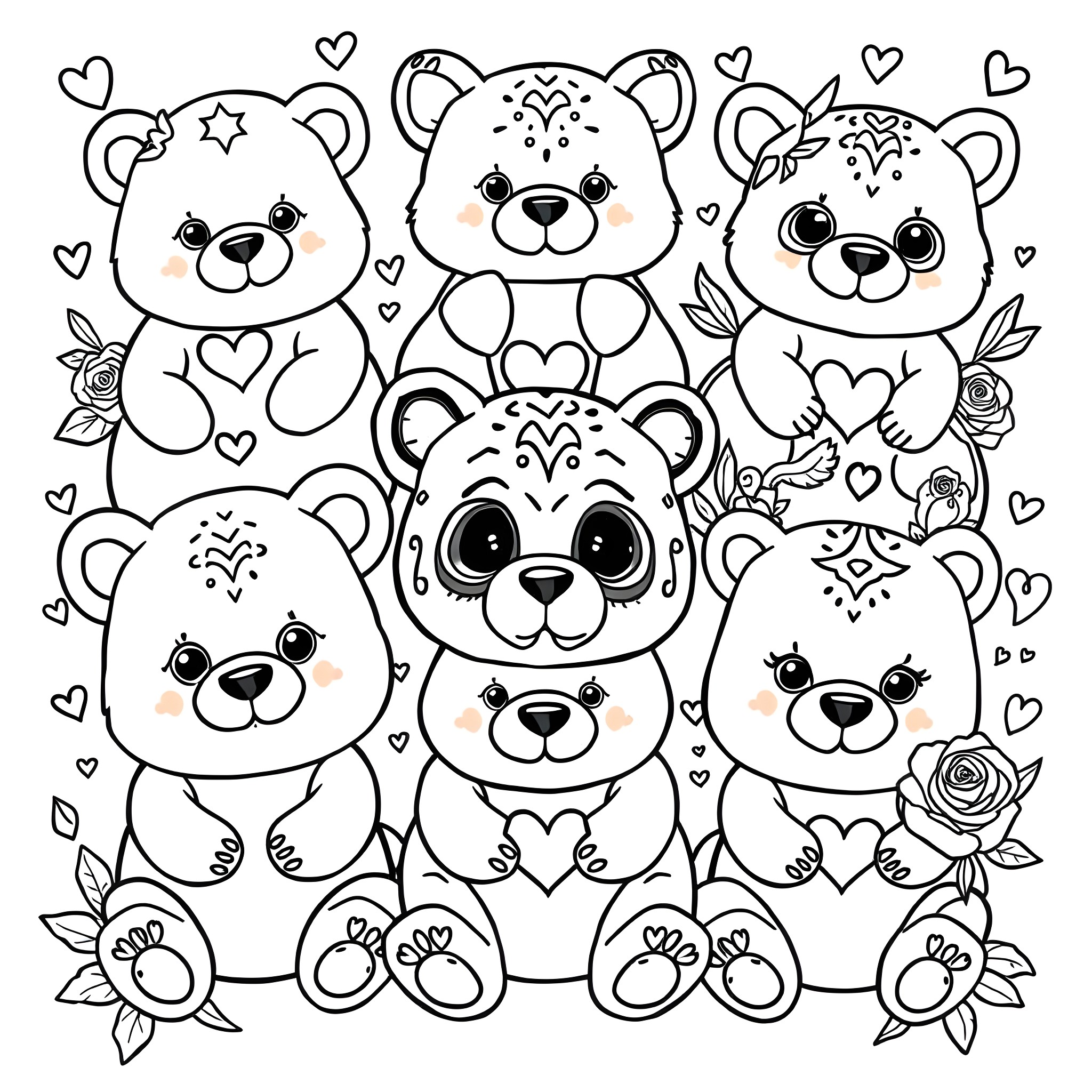 Stuffed Animal Friends Surrounded by Hearts and Flowers Coloring Page (free black-and-white line drawing printable PDF for all, from beginners to advanced learners, including children, teens, adults, and seniors)