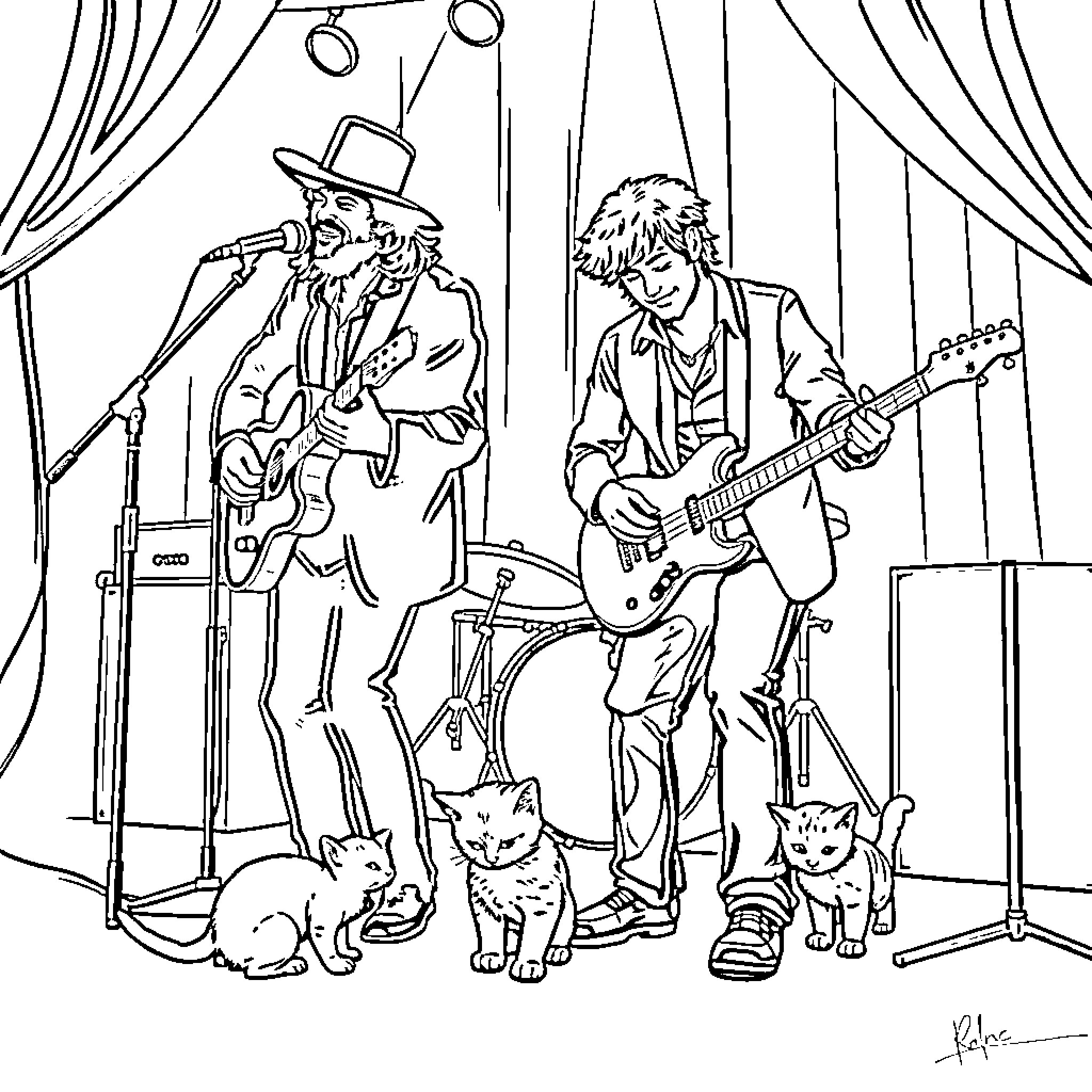 Brooks & Dunn performing on stage with pets Coloring Page (free black-and-white line drawing printable PDF for all, from beginners to advanced learners, including children, teens, adults, and seniors)