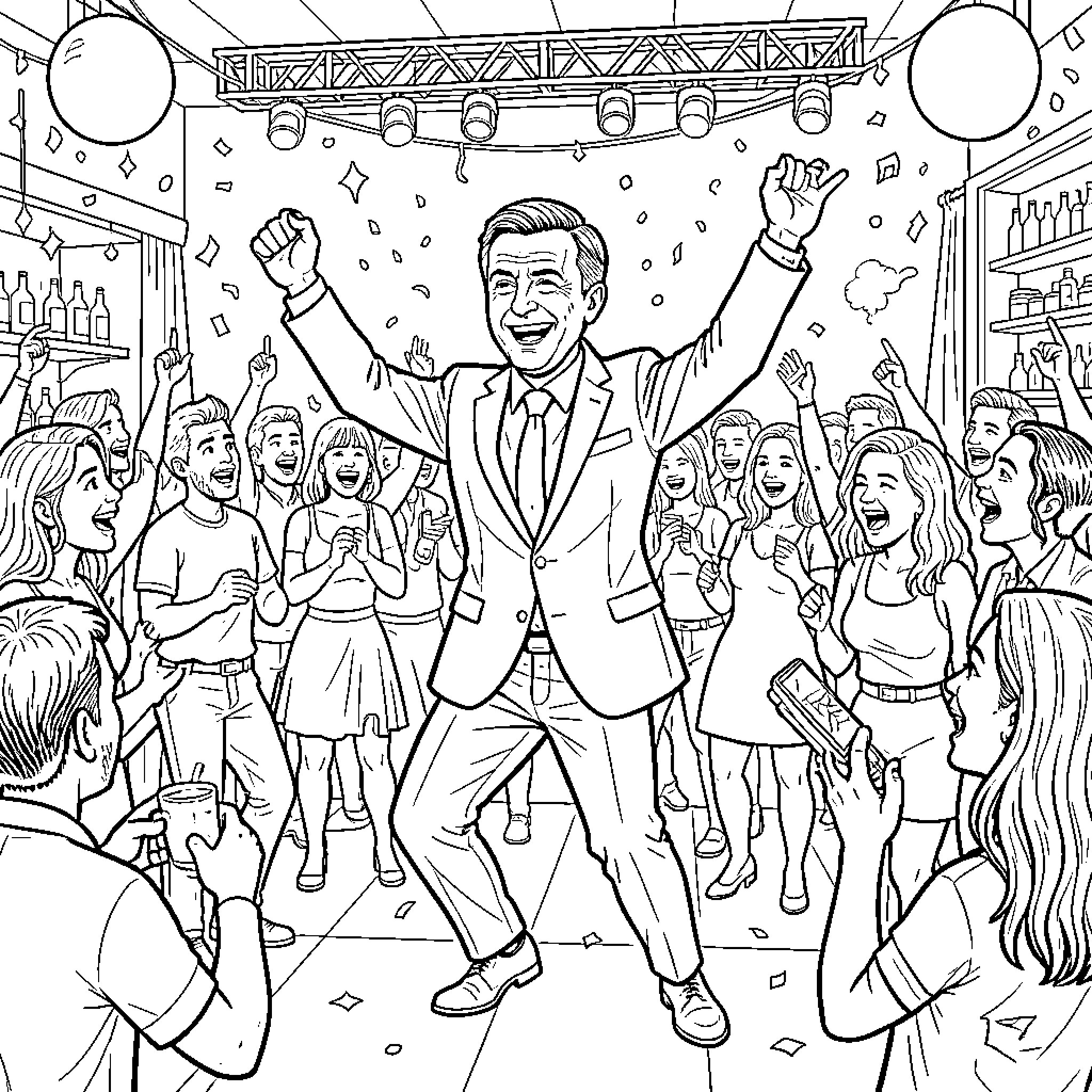 Macron Celebrates with Enthusiastic Crowd at Lively Event Coloring Page (free black-and-white line drawing printable PDF for all, from beginners to advanced learners, including children, teens, adults, and seniors)
