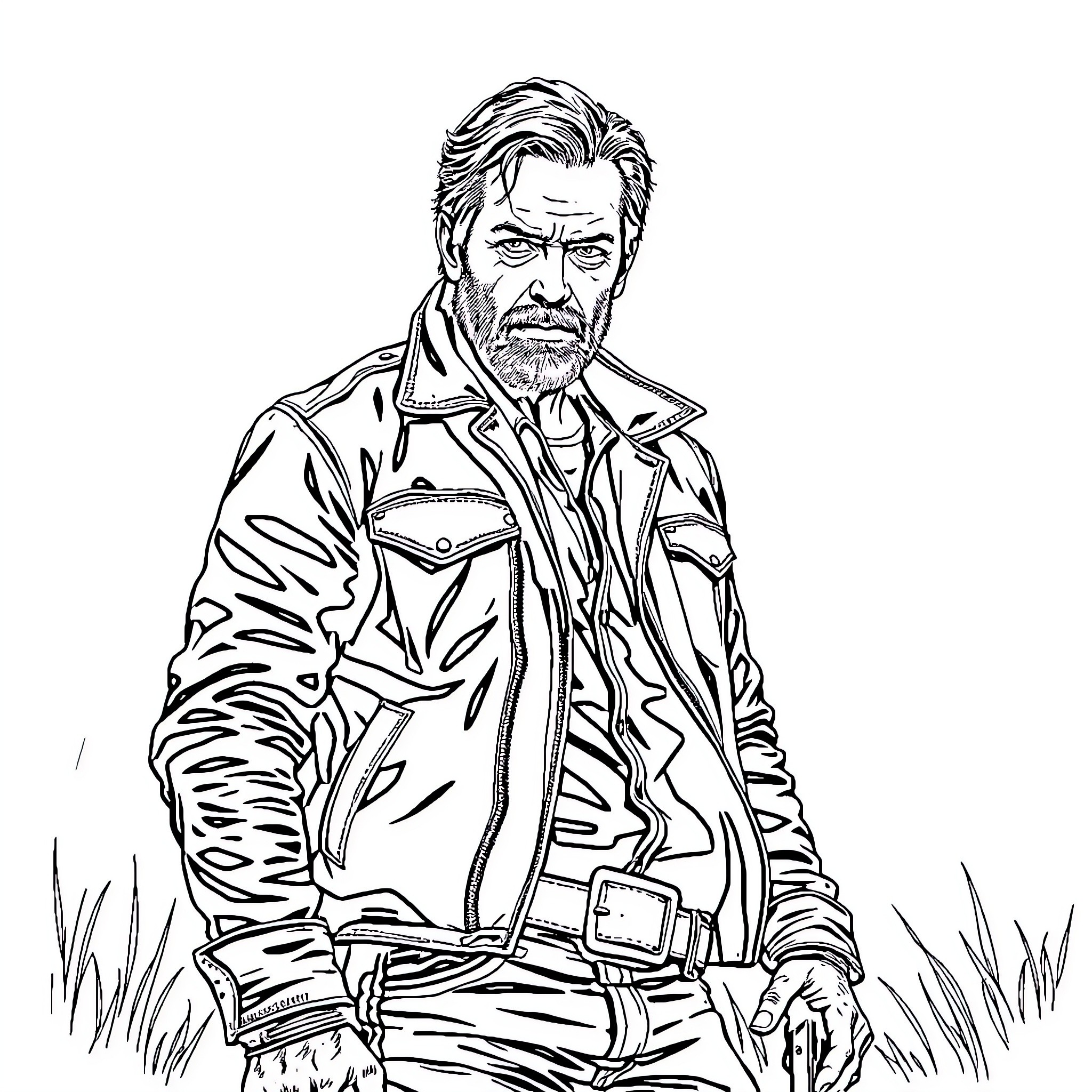 Rick Grimes in a determined, rugged stance Coloring Page (free black-and-white line drawing printable PDF for all, from beginners to advanced learners, including children, teens, adults, and seniors)