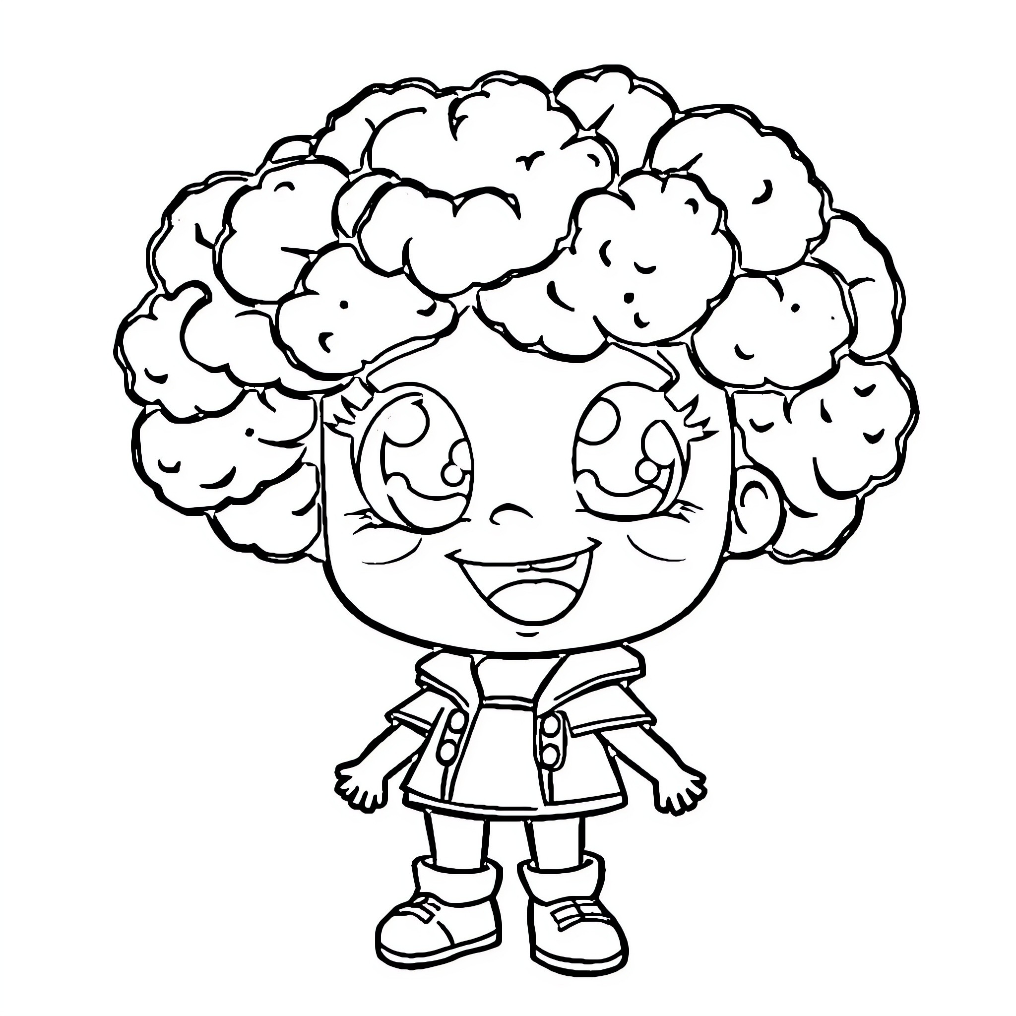 Broccoli child with a cheerful expression Coloring Page (free black-and-white line drawing printable PDF for all, from beginners to advanced learners, including children, teens, adults, and seniors)