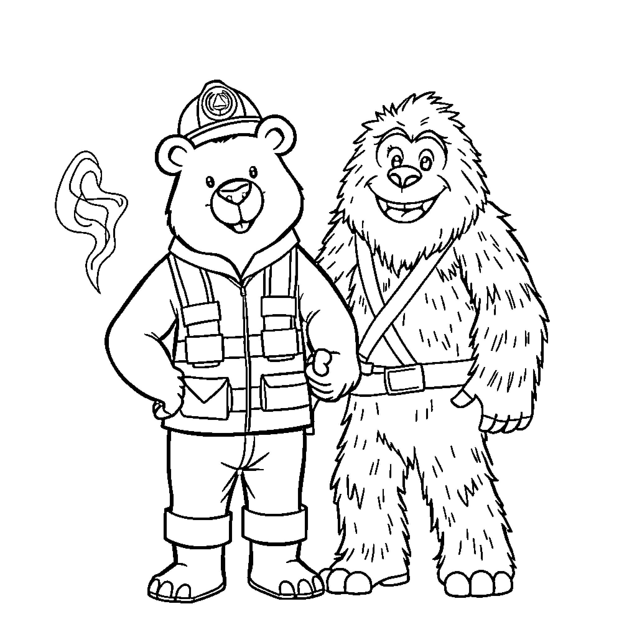 Bear firefighters enjoying a smoky day Coloring Page (free black-and-white line drawing printable PDF for all, from beginners to advanced learners, including children, teens, adults, and seniors)
