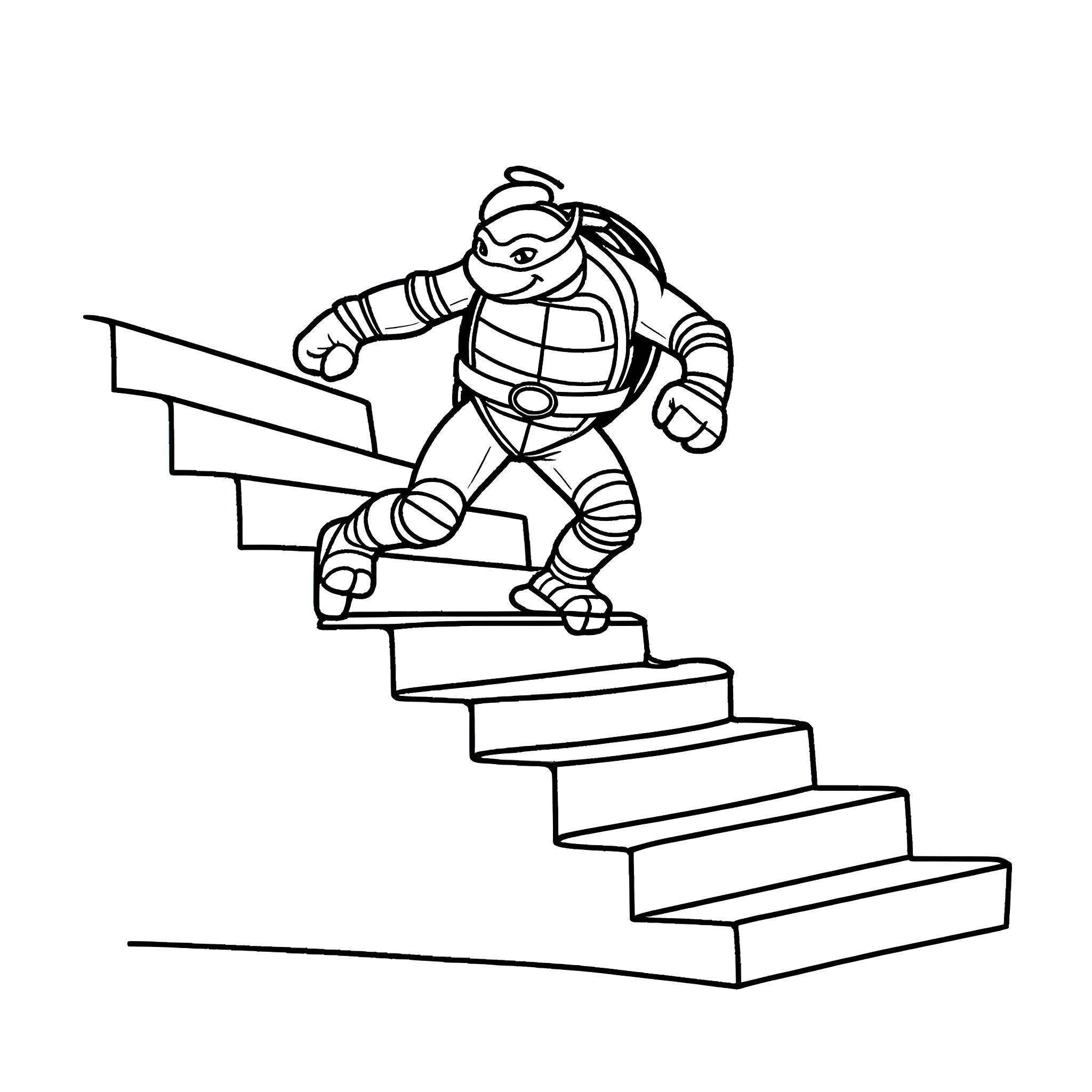 Ninja Turtle climbing up stairs Coloring Page (free black-and-white line drawing printable PDF for all, from beginners to advanced learners, including children, teens, adults, and seniors)