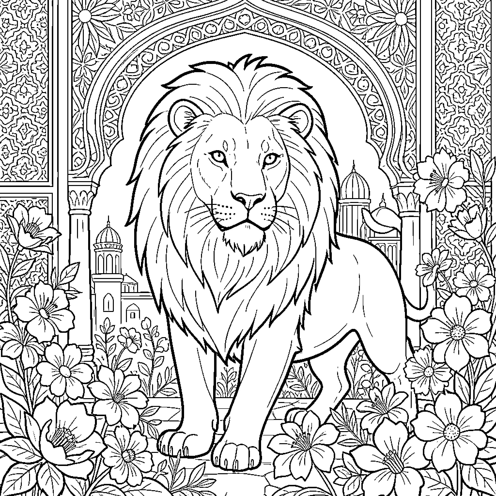 Lion Majestic in Ornamental Garden Coloring Page (free black-and-white line drawing printable PDF for all, from beginners to advanced learners, including children, teens, adults, and seniors)