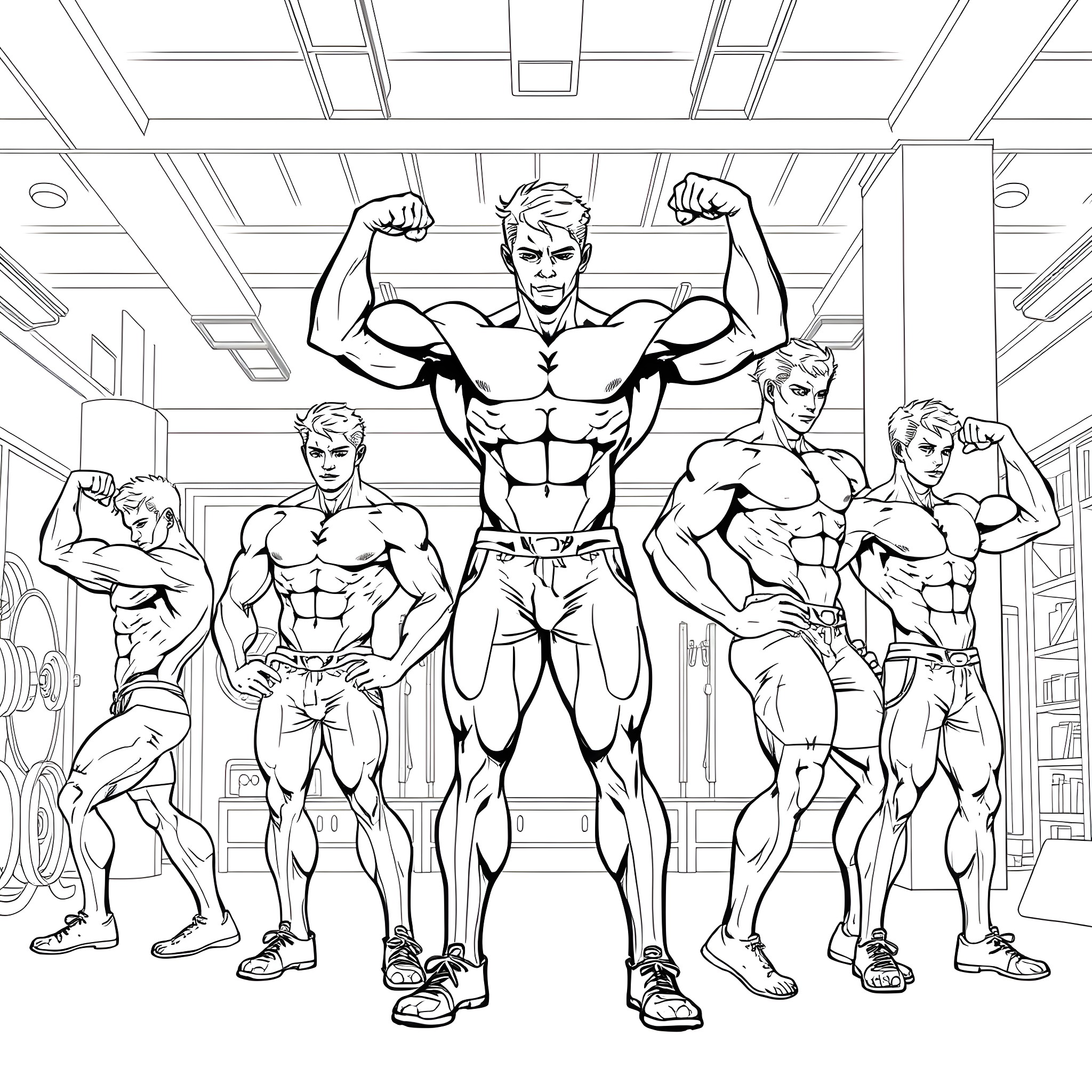 Male Muscle Bodybuilders Posing in Gym Coloring Page (free black-and-white line drawing printable PDF for all, from beginners to advanced learners, including children, teens, adults, and seniors)