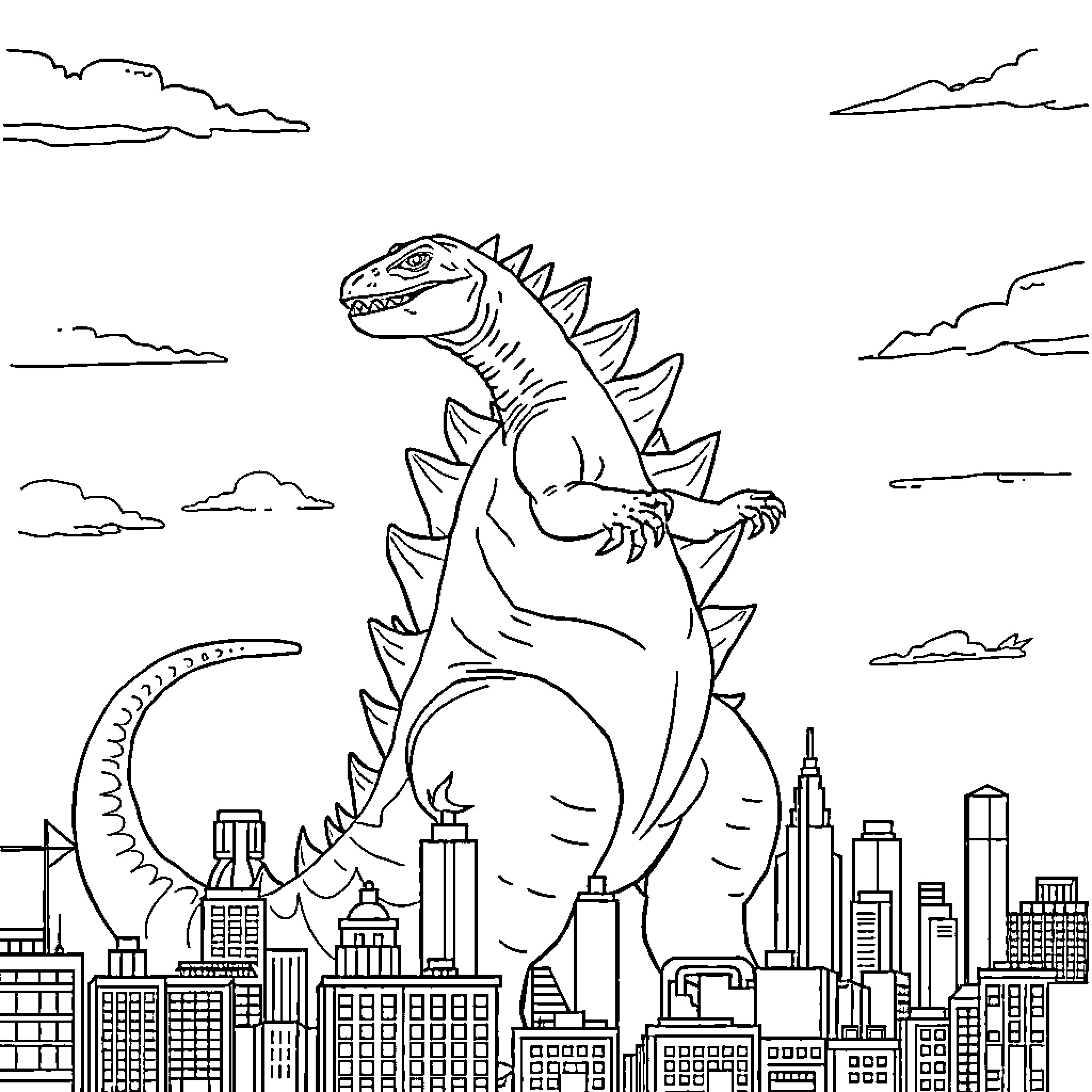 Godzilla rampaging through the city Coloring Page (free black-and-white line drawing printable PDF for all, from beginners to advanced learners, including children, teens, adults, and seniors)