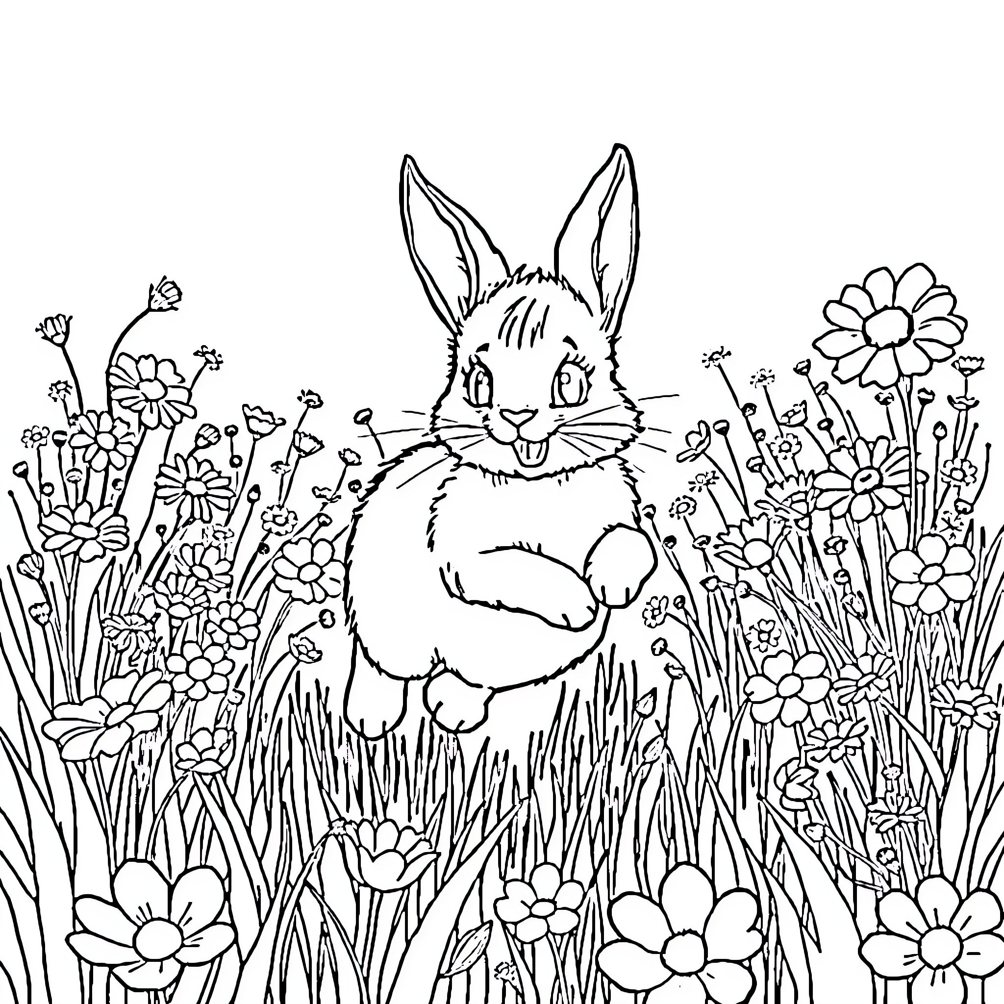 Bunny among flowers in the meadow Coloring Page (free black-and-white line drawing printable PDF for all, from beginners to advanced learners, including children, teens, adults, and seniors)